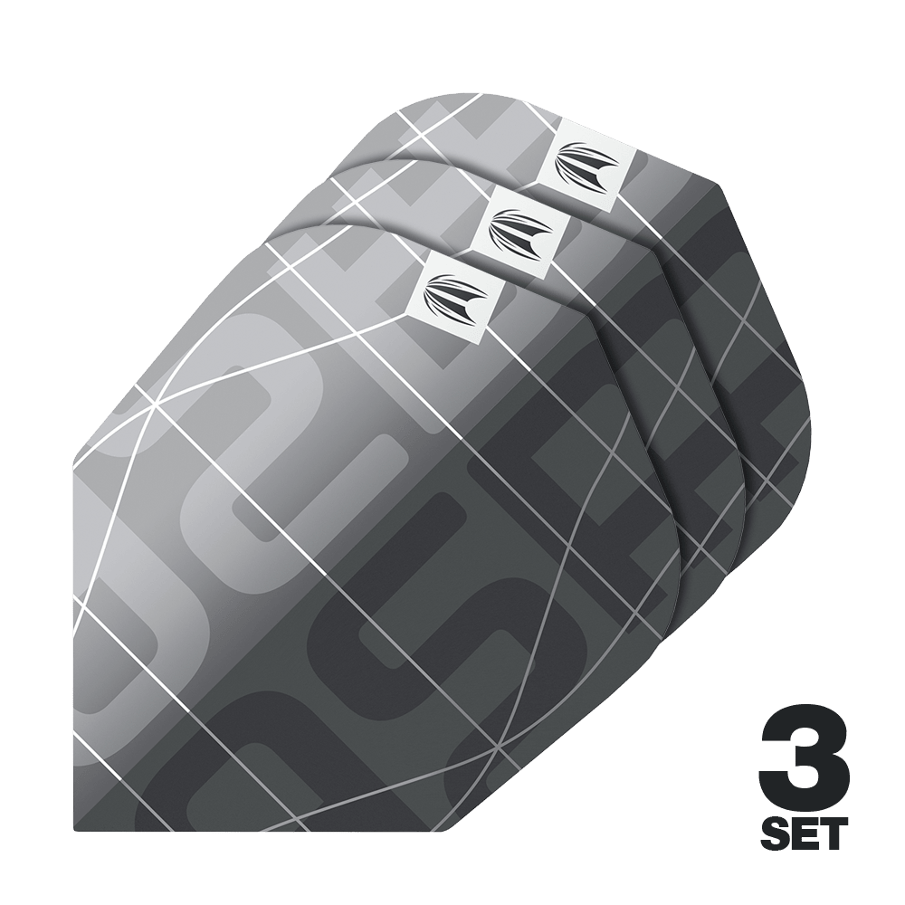 Letky Target Pro Ultra Aspinall X Echo No6 - 3 sady Das Bild zeigt drei Sätze Target Pro Ultra Aspinall X Echo No6 Flights für Darts. Die Flights haben ein modernes, graues Design mit weißen Linien und einem kleinen Logo.