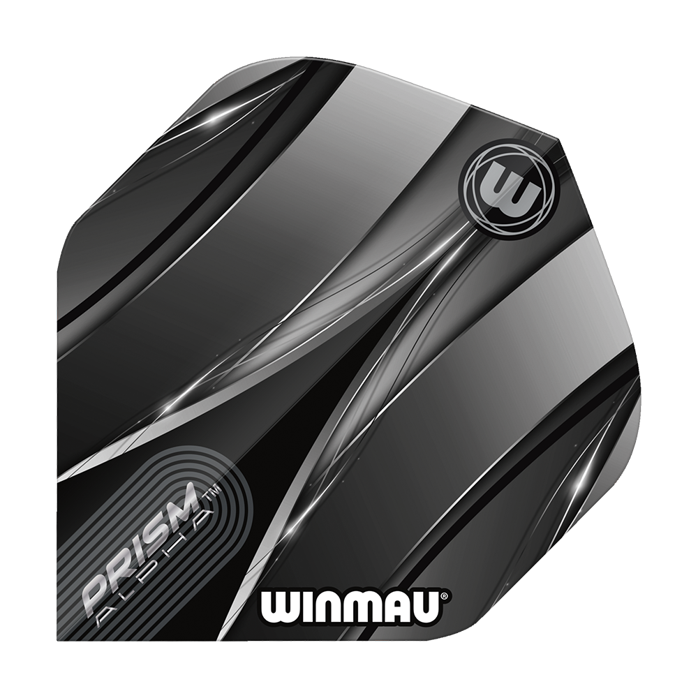 Loty standardowe Winmau Alpha Sniper Black Das Bild zeigt einen Winmau Alpha Sniper Black Standard Flight für Darts. Das Design ist überwiegend schwarz und silber mit stilisierten Linien und dem Winmau-Logo.