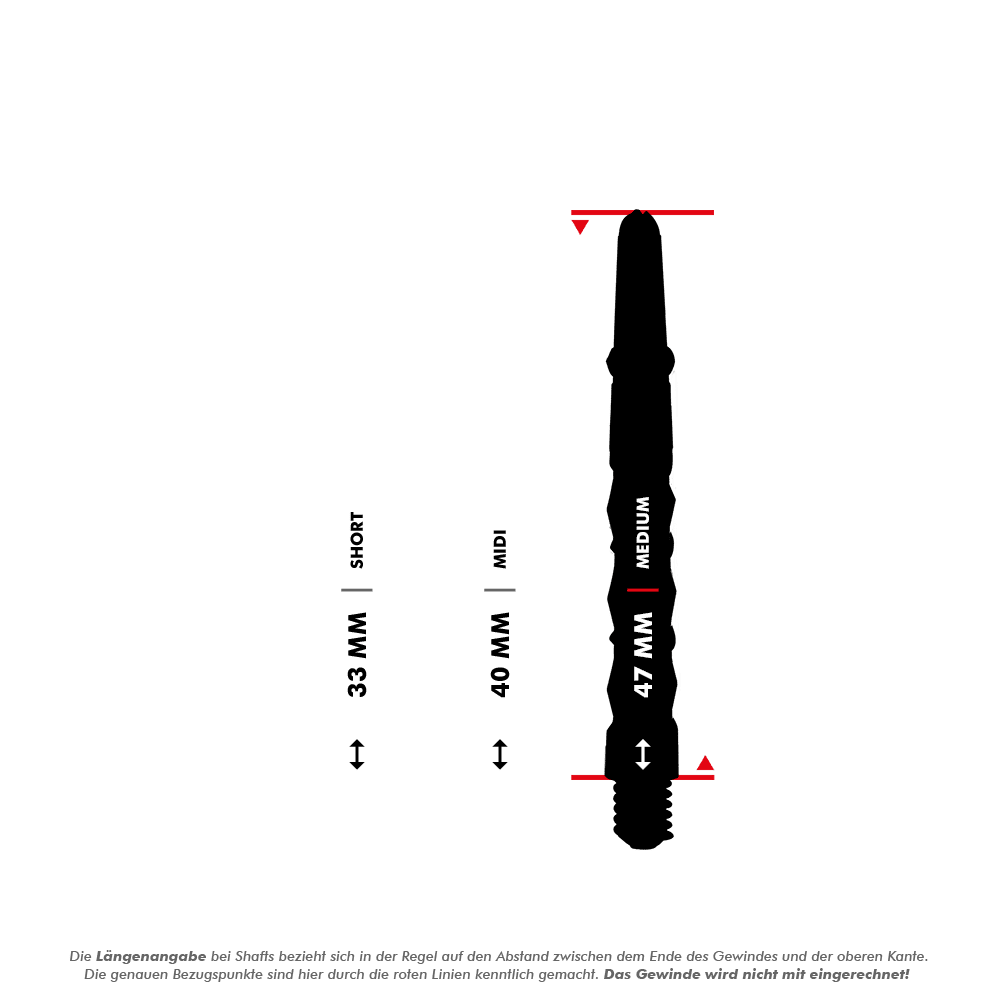 Harrows_Carbon_ST_Shafts_5_47mmlRsG9wGVcOoBj Das Bild zeigt die Harrows Carbon ST Shafts in der Farbe Gelb. Es werden die verschiedenen Längen der Shafts (Short, Midi, Medium) mit den Maßen 33 mm, 40 mm und 47 mm dargestellt.