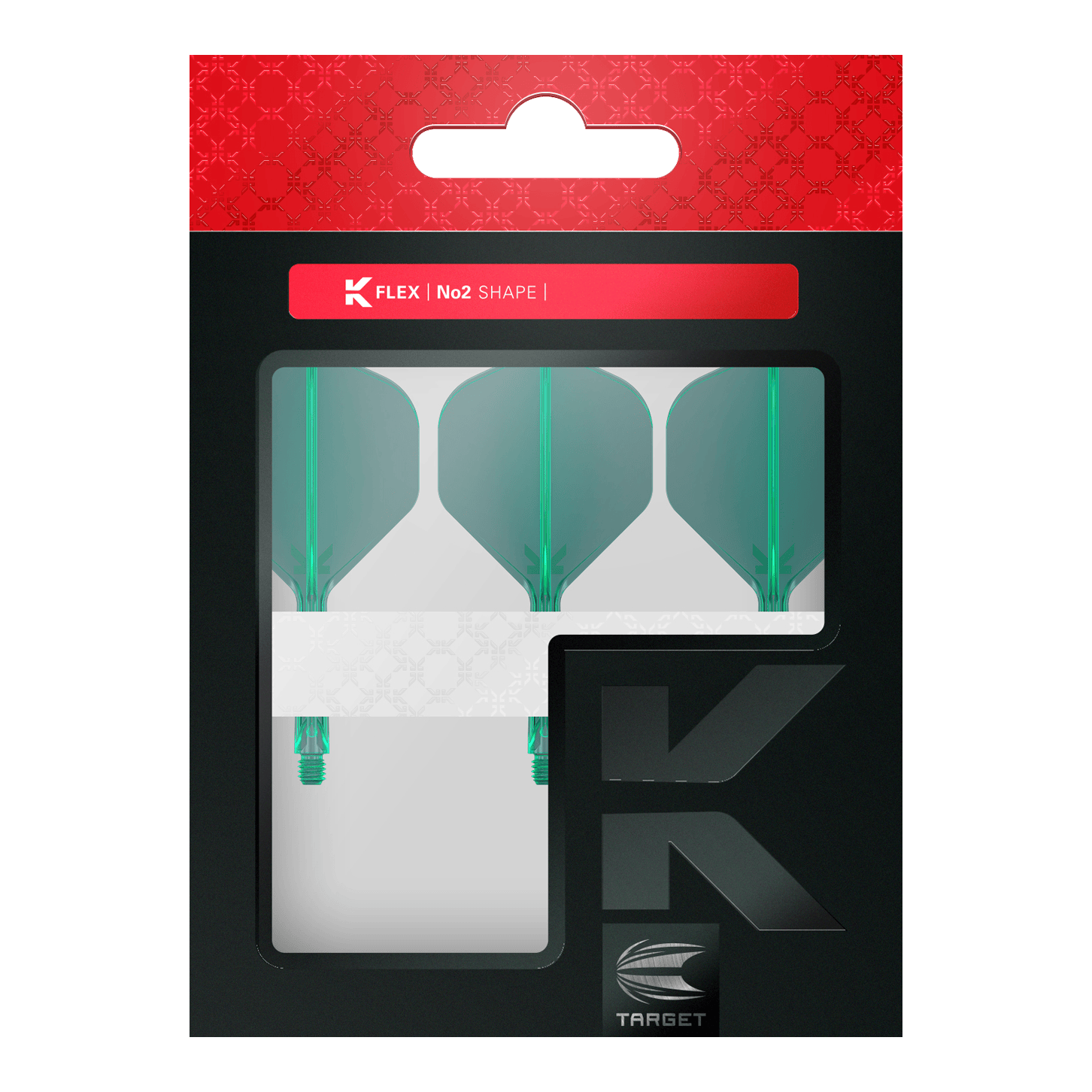 Target K-Flex No2 Standard Flight System - Verde Auf dem Bild ist eine Packung mit drei grünen Dartflights der Marke Target zu sehen. Die Verpackung ist überwiegend schwarz mit einem roten oberen Abschnitt und dem Aufdruck "K FLEX | No2 SHAPE".