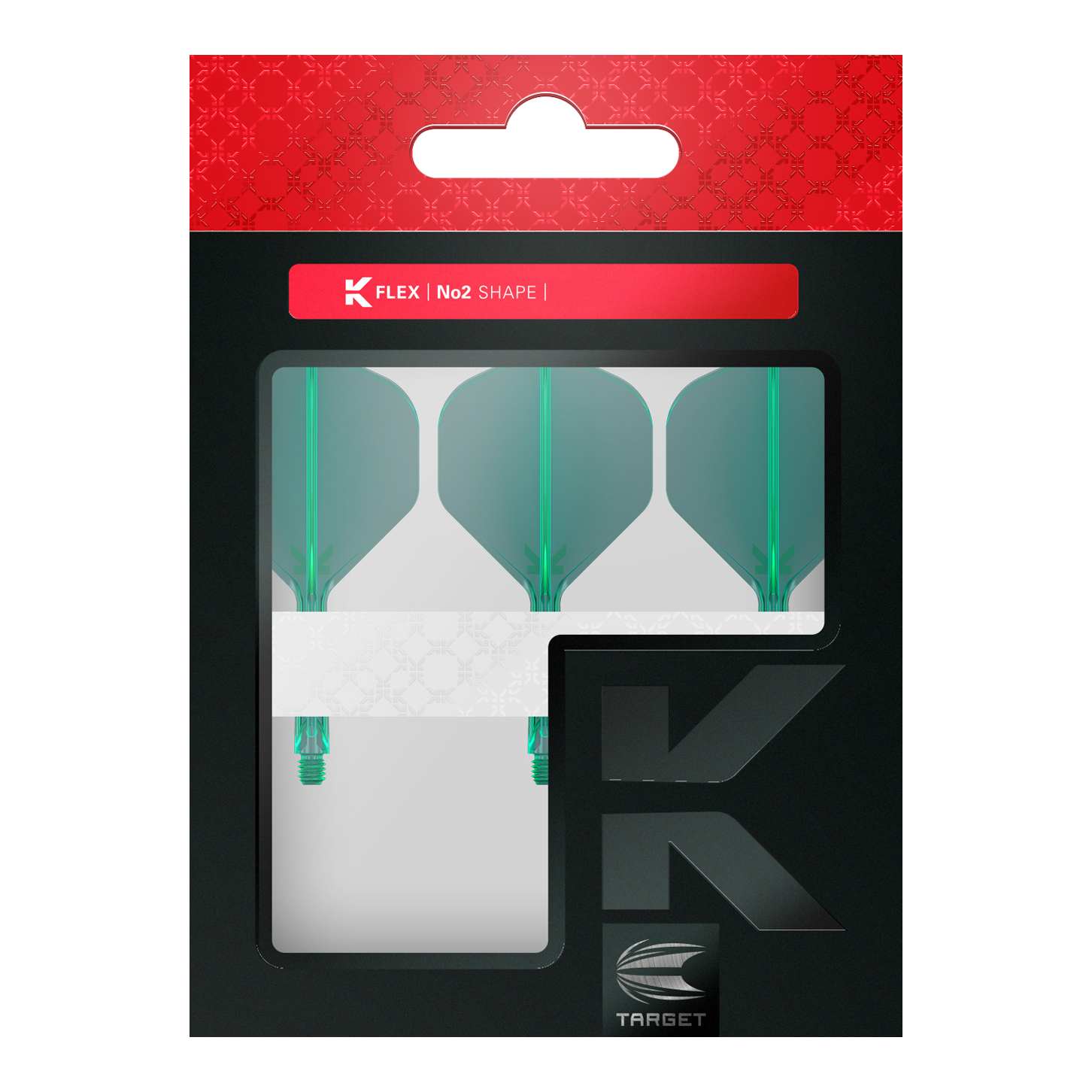 Target K-Flex No2 Standard Flight-System - Gruen Dart-Flights mit gleichmäßiger Flächenstruktur und definierter Form sind abgebildet. Die Produkte liegen sortiert neben- und übereinander.