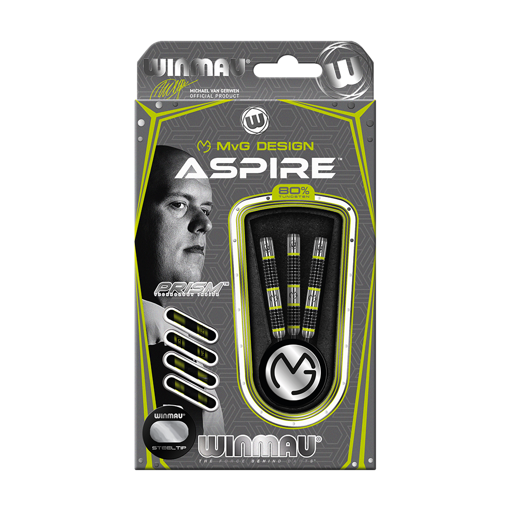 1444_Winmau_Michael_Van_Gerwen_MvG_Aspire_Steeldarts_3 Die Abbildung zeigt die Winmau Michael Van Gerwen MvG Aspire Steeldarts in ihrer Originalverpackung. Die Verpackung ist in Schwarz, Grau und Gelb gehalten und präsentiert drei Dartpfeile sowie das MvG-Logo.