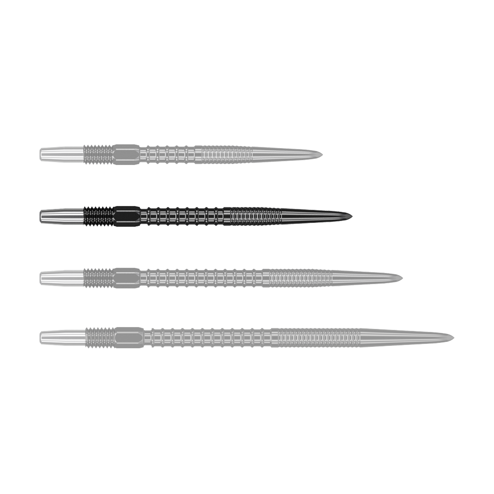 Puntas de dardos Target Swiss Firepoint Black Auf dem Bild sind vier schwarze Dartspitzen zu sehen, die nebeneinander liegen. Sie haben ein geriffeltes Design und bestehen aus Metall.