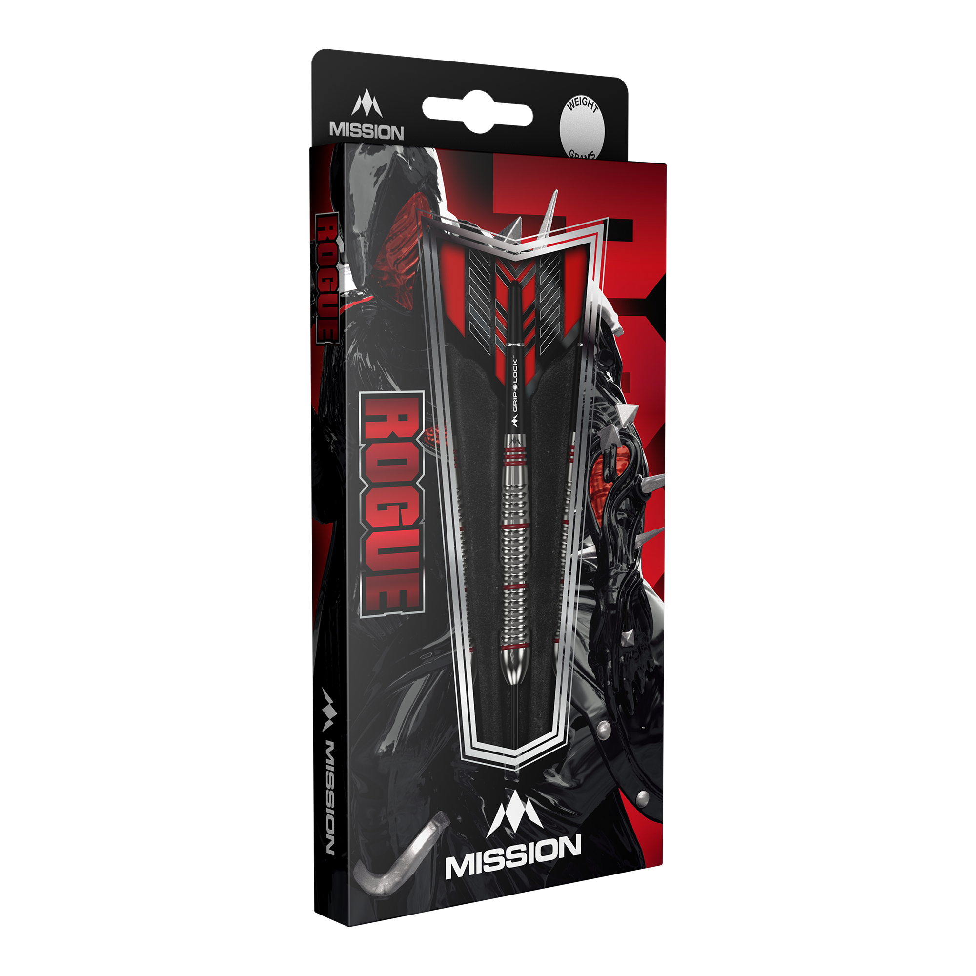 Dardos Mission Rogue de latón y acero - 22 g Die Abbildung zeigt die Verpackung der "Mission Rogue Brass Steeldarts - 22g". Die Verpackung ist überwiegend schwarz und rot gestaltet und zeigt den Dartpfeil sowie das Rogue-Logo deutlich.