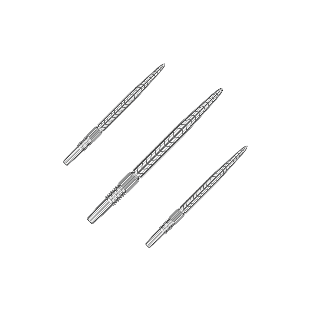 Target Swiss Point RVE Dartspitzen - Silber Auf dem Bild sind drei silberne Dartspitzen abgebildet. Sie haben ein dekoratives Muster und sind in einer diagonalen Linie angeordnet.