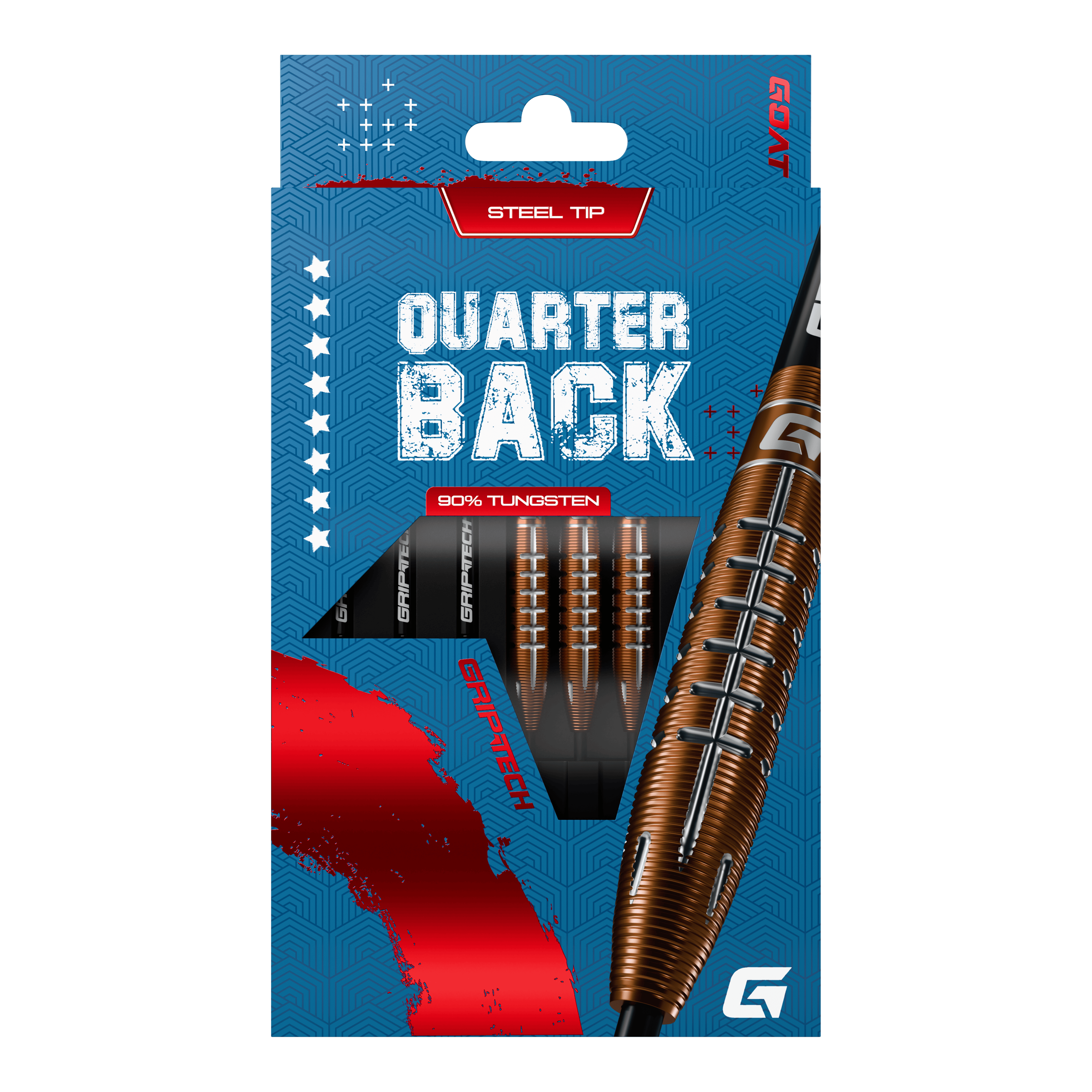 Šipky GOAT Quarterback V2 z wolframové oceli - 24g Die Verpackung zeigt die "GOAT Quarterback V2 Tungsten Steeldarts - 24g" mit Stahlspitze. Die Darts bestehen zu 90% aus Tungsten und haben ein modernes Design.