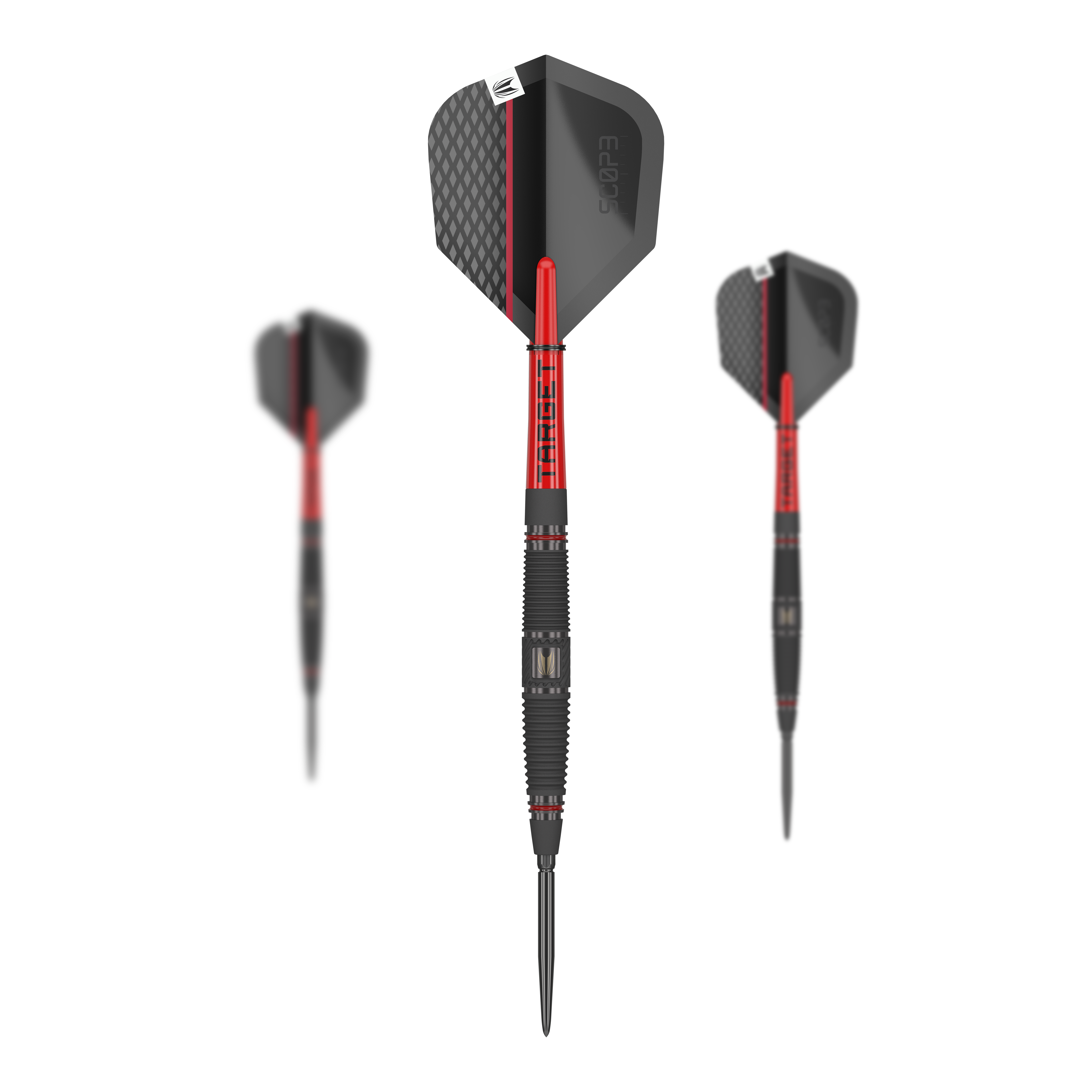 Dardos de acero Target Scope 04 Swiss Point Auf dem Bild sind drei Steeldarts des Modells "Target Scope 04 Swiss Point" zu sehen. Die Darts haben ein modernes Design in Schwarz und Rot mit auffälligen Details.
