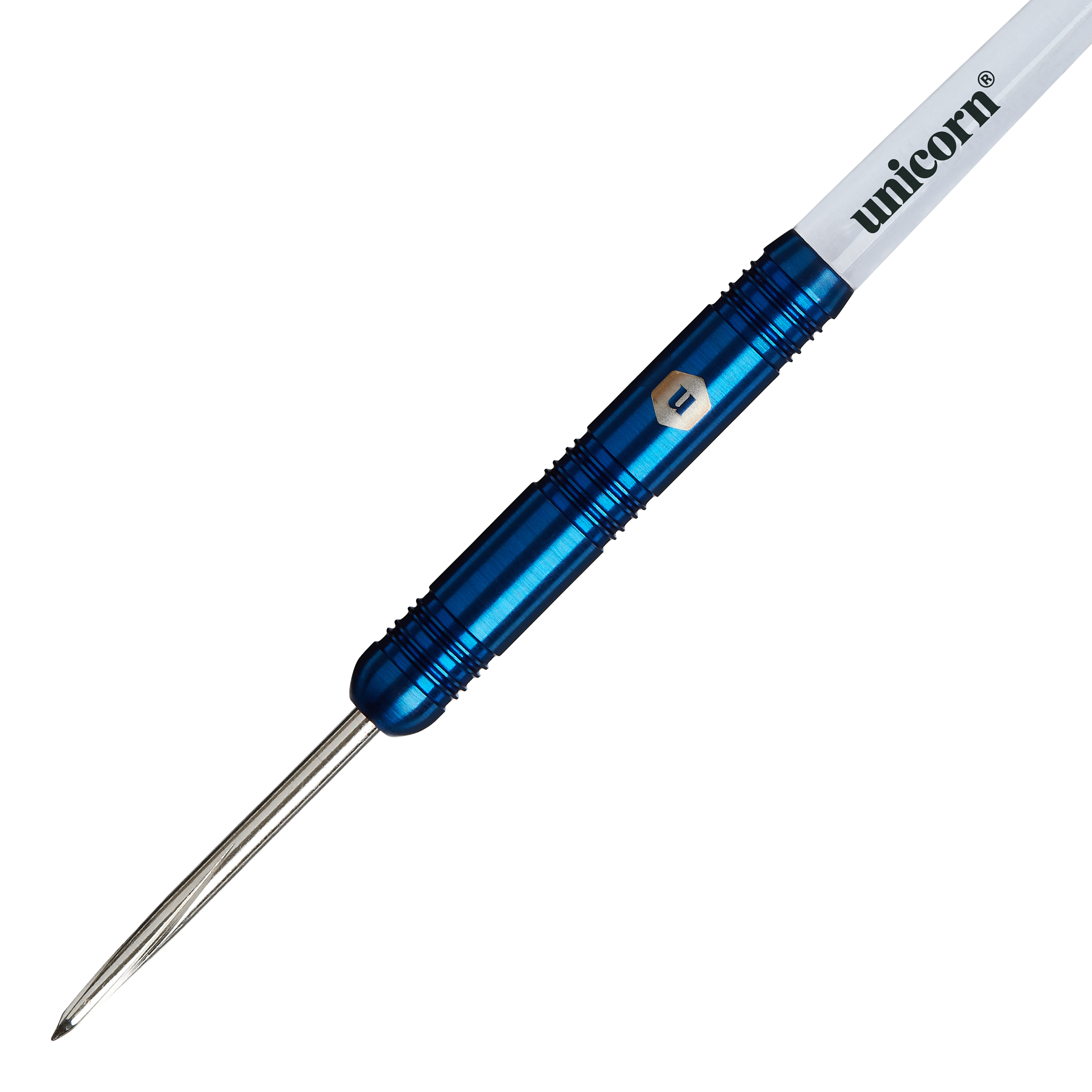 Dardos de acero paralelos Unicorn Prodigy 01 Auf dem Bild ist ein Steeldart der Marke „Unicorn Prodigy 01 Parallel“ zu sehen. Der Dart hat einen blauen Metallkörper und einen weißen Schaft mit dem Schriftzug „unicorn“.