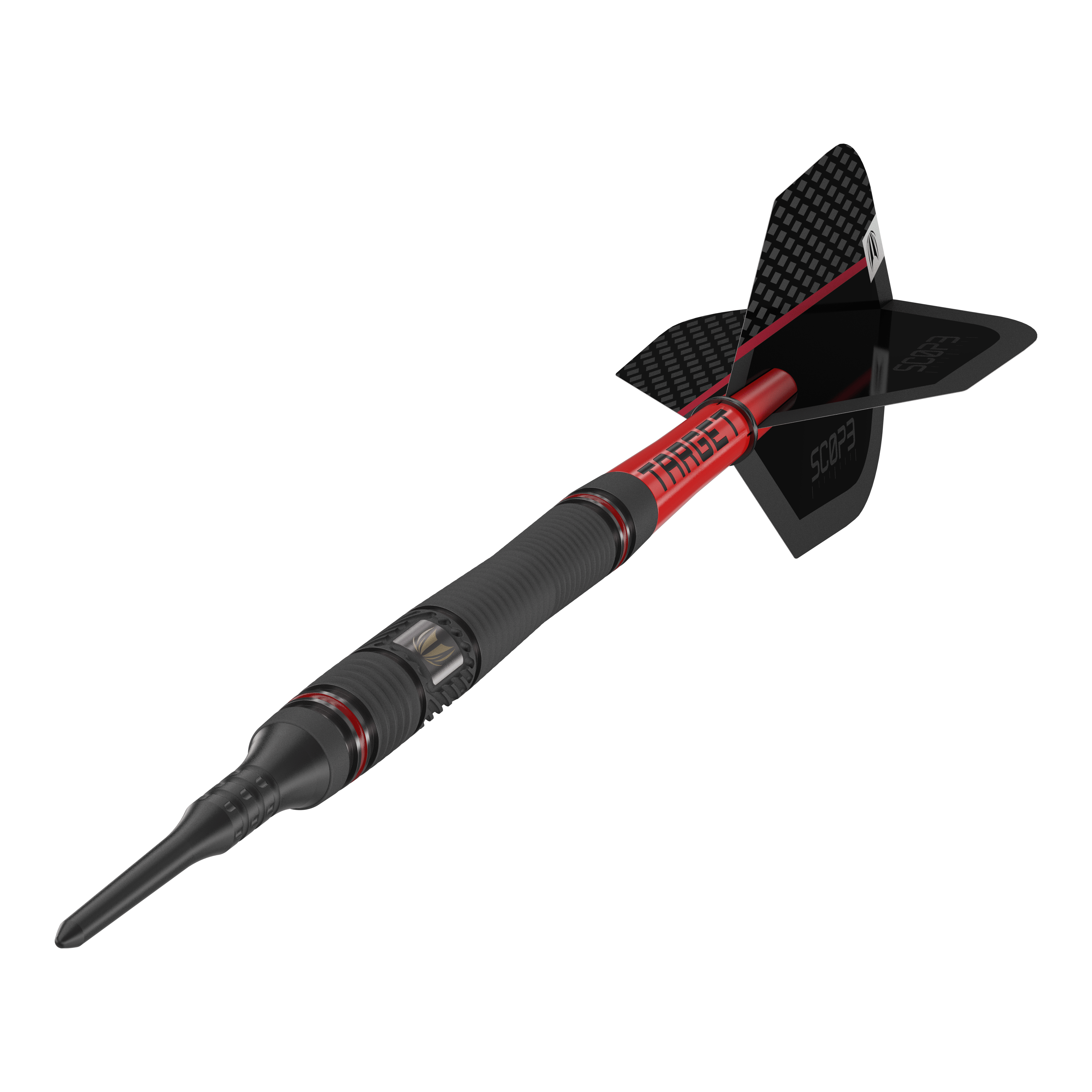 Target Scope 11 Softdarts Das Bild zeigt einen Target Scope 11 Softdart mit schwarzem und rotem Design. Der Dartpfeil hat eine schwarze Spitze und eine schwarze Flight-Fläche mit Schriftzug.