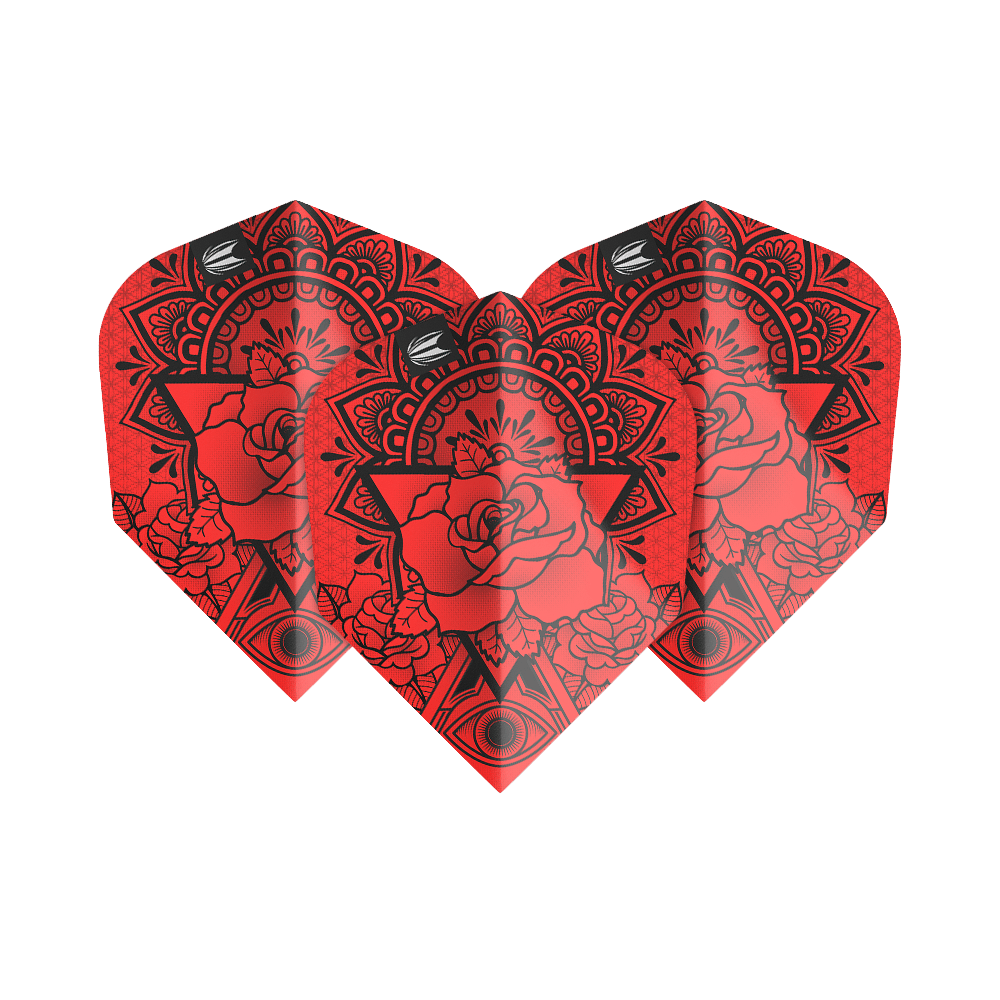 TG482_335420_Target_ProUltra_Ink_Red_No6_Flights_1S7VFT65pCeME2 Das Bild zeigt die Target ProUltra Ink Red No6 Flights mit einem auffälligen roten Design. Auf den Flights ist ein detailliertes Muster mit einer Rose und geometrischen Elementen zu sehen.