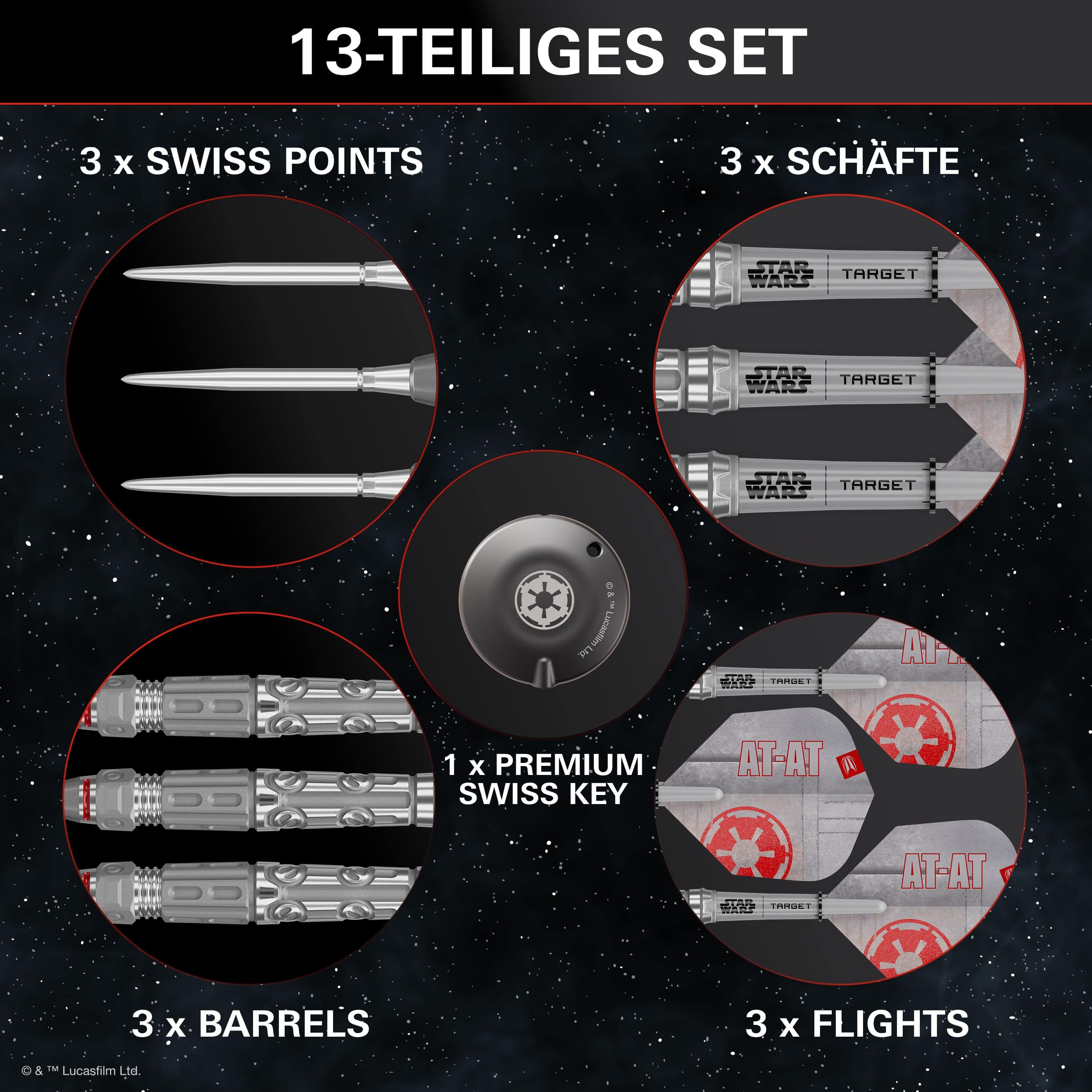 Target Star Wars AT-AT Swiss Point Steeldarts Auf dem Bild sieht man die Target Star Wars AT-AT Swiss Point Steeldarts. Sie sind von den bekannten AT-AT-Maschinen aus Star Wars inspiriert.