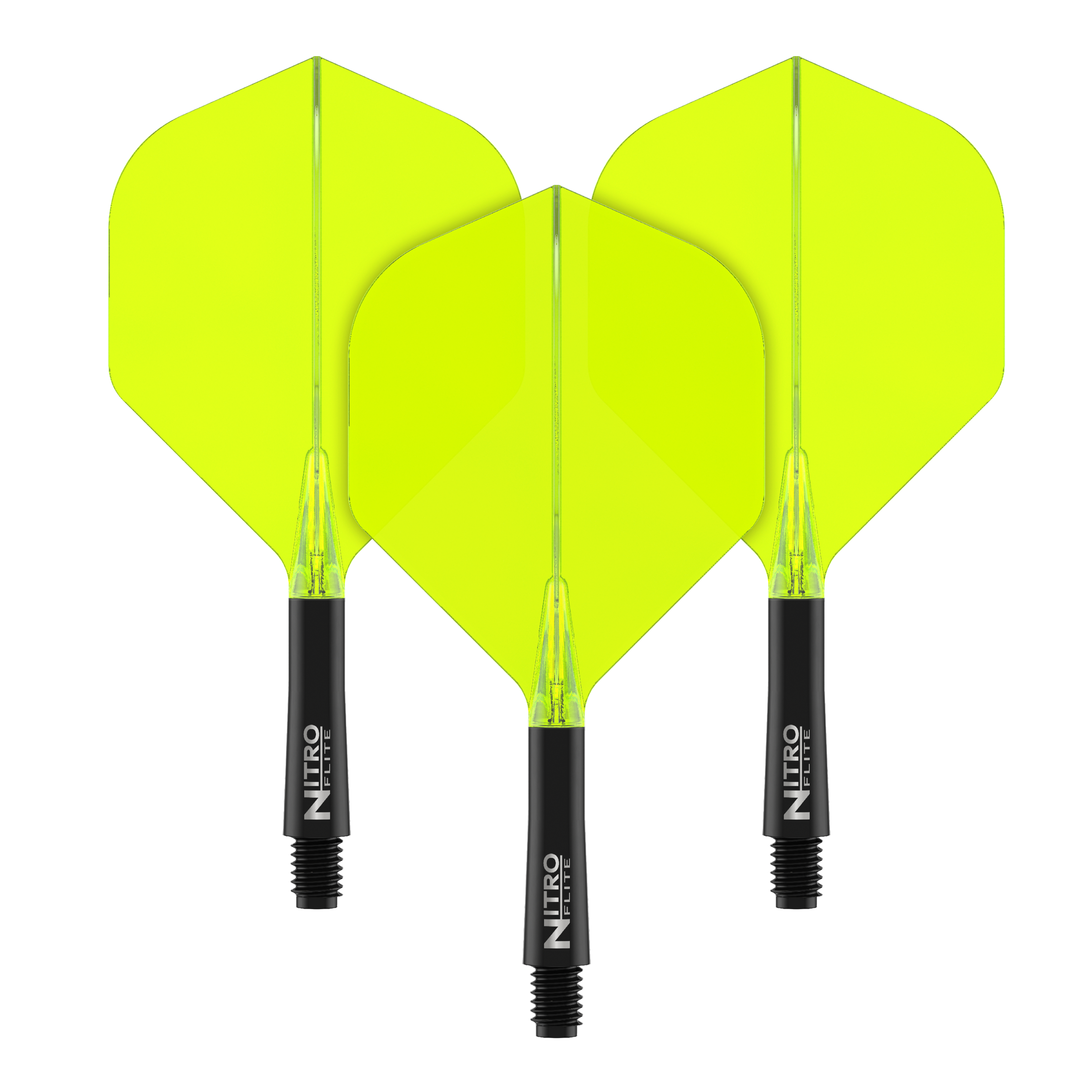 Red Dragon Nitroflite - Black Shaft Yellow No2 Flights Auf dem Bild sind drei gelbe Dart-Flights mit schwarzen Schäften zu sehen. Auf den Schäften steht der Text "NITRO FLITE".