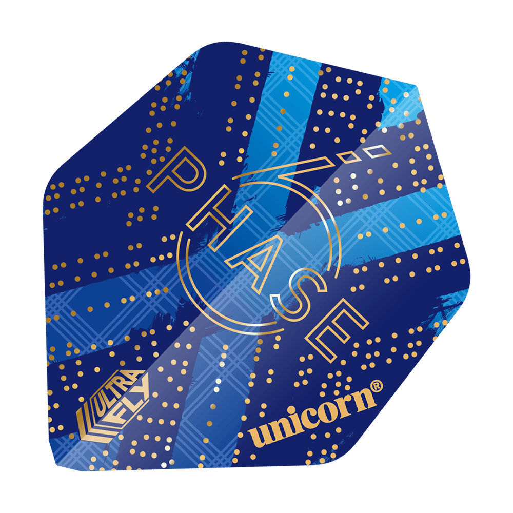 69454_Unicorn_World_Champion_Gary_Anderson_Phase_6_AR2_Flights_1 Das Bild zeigt das Produkt "Unicorn Ultra Fly 100 Gary Anderson World Champion Phase 6 AR2 Flights". Das Design ist überwiegend blau mit goldenen Punkten und Schriftzügen wie "PHASE" und "unicorn".