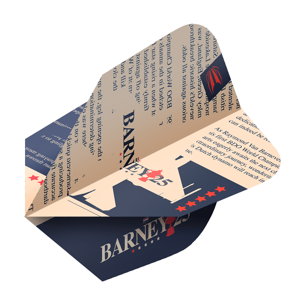 Cíl ProUltra Raymond Van Barneveld Barney25 Ten-X Flights Das Bild zeigt ein Target ProUltra Raymond Van Barneveld Barney25 Ten-X Flight für Darts. Das Flight ist in Beige und Dunkelblau gehalten und mit Text sowie Sternen dekoriert.