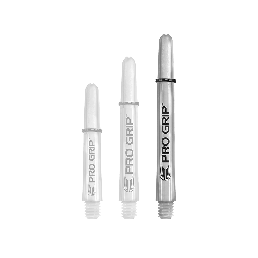 Target Pro Grip Shafts - 3 Sets - Transparent Das Bild zeigt drei transparente Pro Grip Shafts in unterschiedlichen Längen. Sie sind mit der Aufschrift "PRO GRIP" und einem schwarzen Logo versehen.