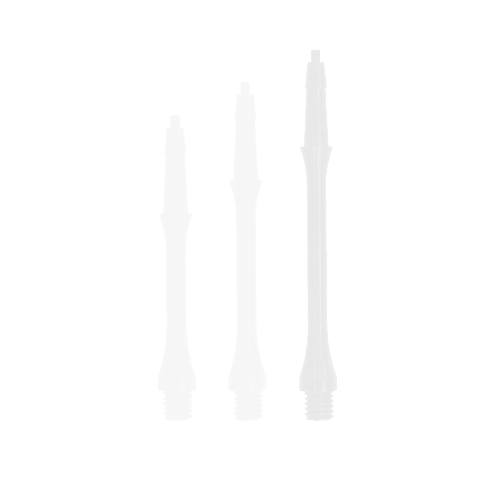 HRC-12589-W_Harrows_Clic_Slim_Shafts_White_37mm_1Fk6PTWEtOmTgc Das Bild zeigt drei weiße Harrows Clic Slim Shafts in unterschiedlichen Längen. Die Shafts stehen nebeneinander auf weißem Hintergrund.