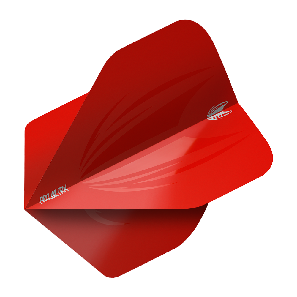 TG424_Target_ProUltra_ID_Red_No2_Standard_Flights_2 Das Bild zeigt ein rotes Dartflight mit der Aufschrift "Pro Ultra" und einem stilisierten Flügeldesign. Es handelt sich um das Produkt "Target ProUltra ID Red No2 Standard Flights".