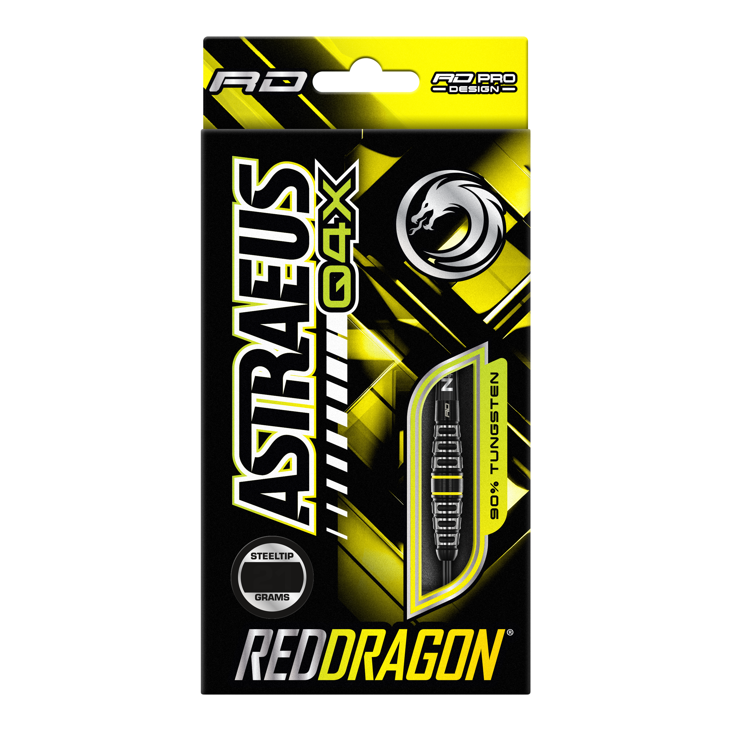 Dardos de acero torpedo Red Dragon Astraeus Q4X Die Abbildung zeigt die Verpackung der "Red Dragon Astraeus Q4X Torpedo Steeldarts". Das Design ist überwiegend schwarz und gelb, mit auffälligem Markenschriftzug und einer sichtbaren Abbildung eines Darts.