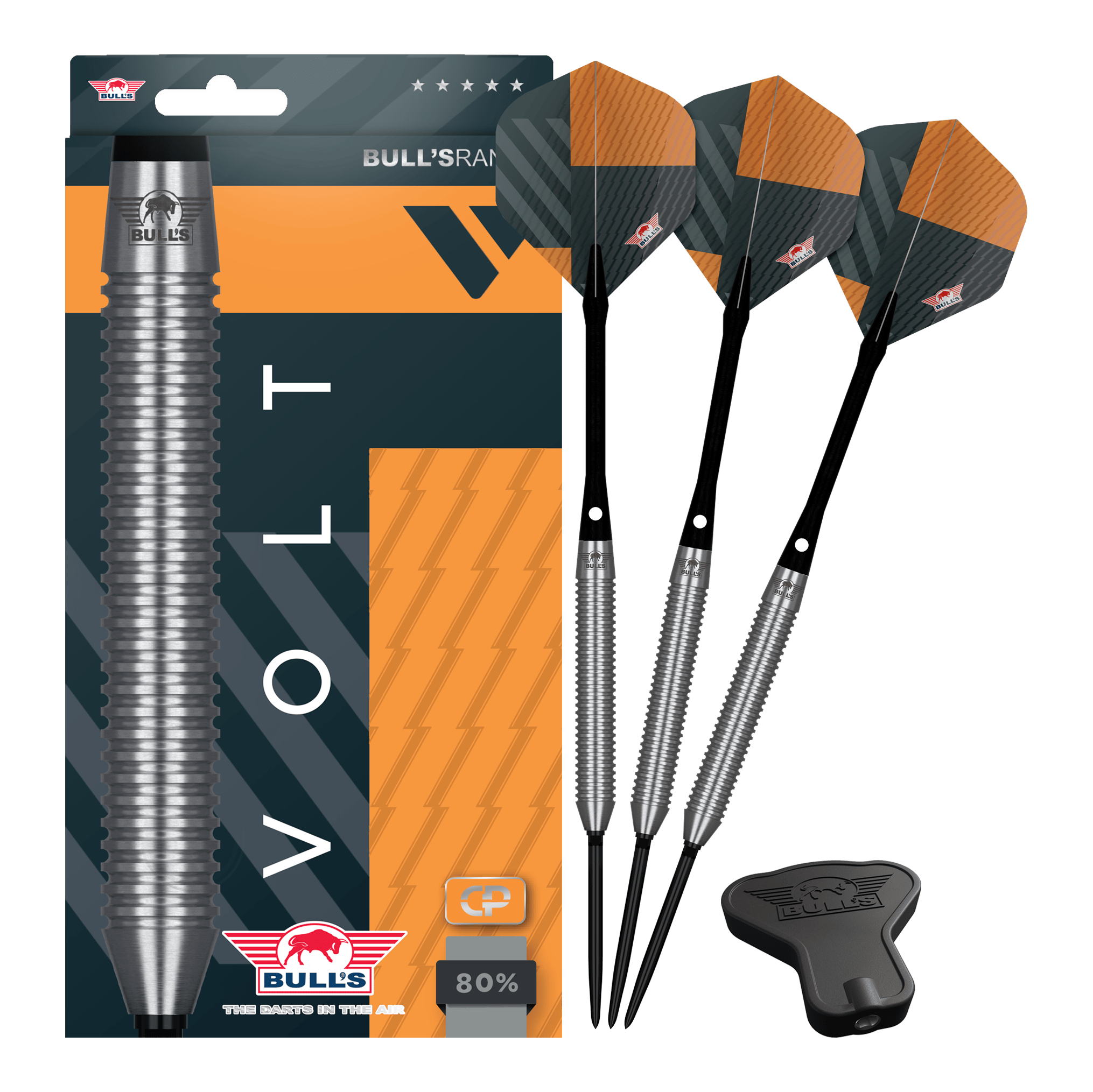Šipky Bulls NL Volt Orange Convertible Point Steel Darts Zu sehen sind Bulls NL Volt Orange Convertible Point Steeldarts. Dargestellt ist das vollständige Darts-Set.