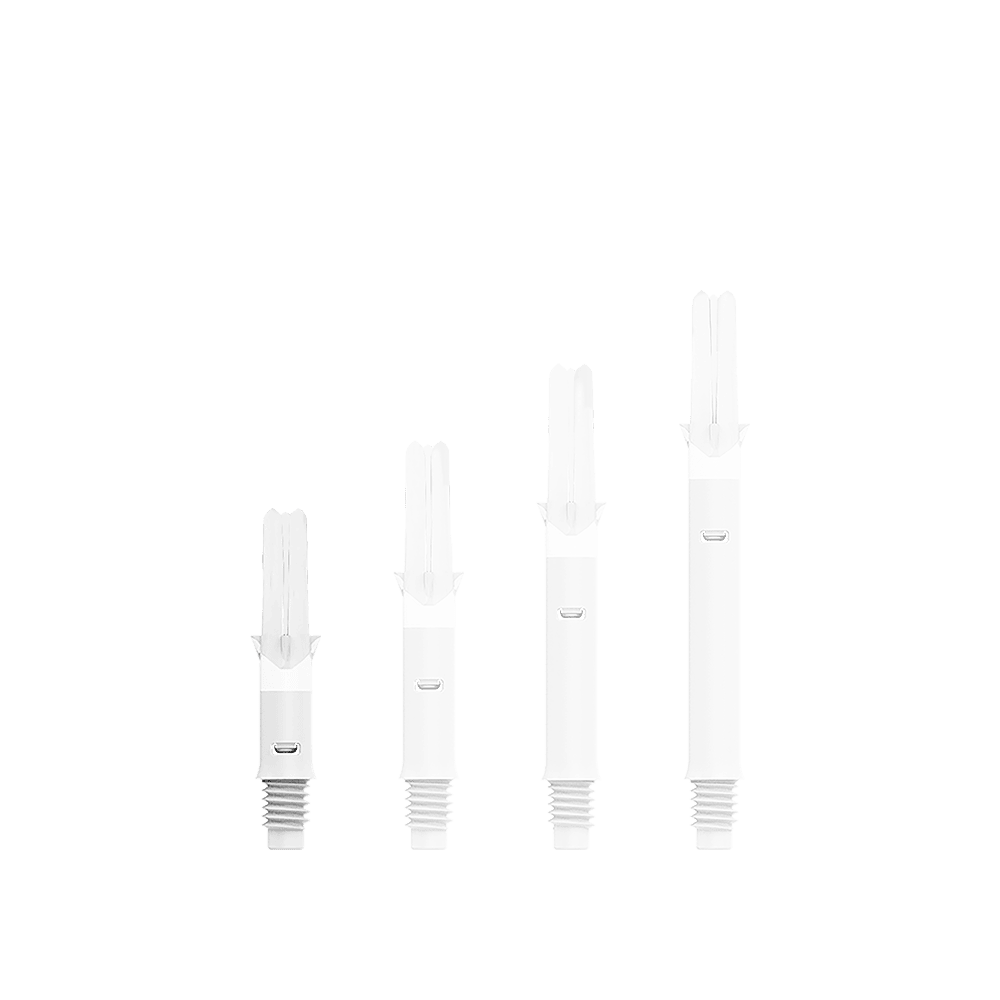L-Style L-Shafts Silent Straight - Weiß 130 Auf dem Bild sind vier weiße Dart-Schäfte in unterschiedlichen Längen zu sehen. Sie stehen nebeneinander auf weißem Hintergrund.
