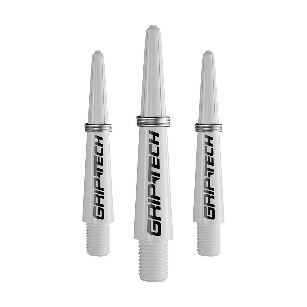 Alberi GOAT Griptech - Bianco Das Bild zeigt drei silberne Dartschäfte mit der Aufschrift "GRIPTECH". Sie sind aus Kunststoff und haben ein Schraubgewinde am unteren Ende.