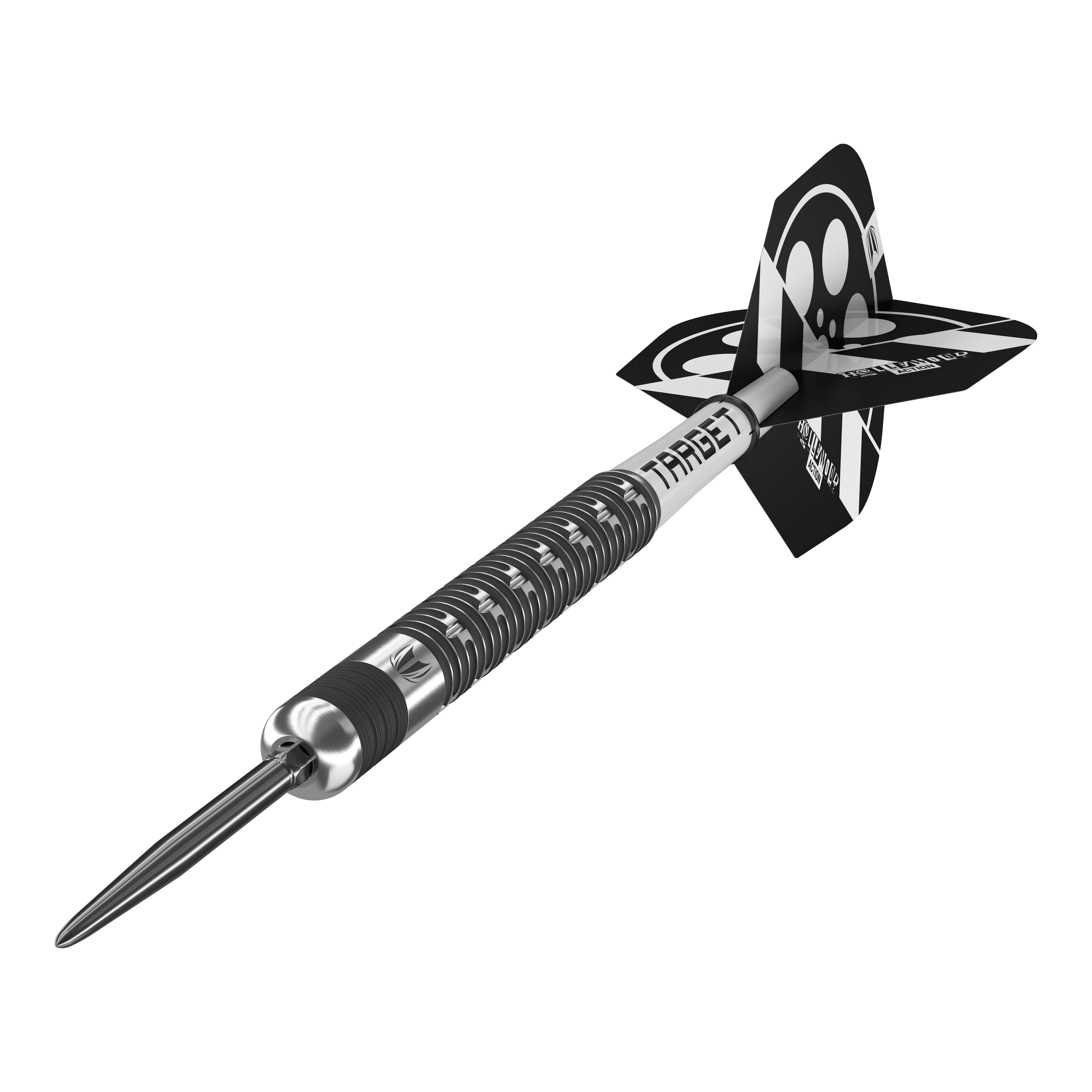Target Chris Dobey Hollywood Action Swiss Point Steeldarts Auf dem Bild ist der Target Chris Dobey Hollywood Action Swiss Point Steeldart zu sehen. Der Dartpfeil hat ein modernes, schwarzes und silbernes Design mit auffälligen Flights.