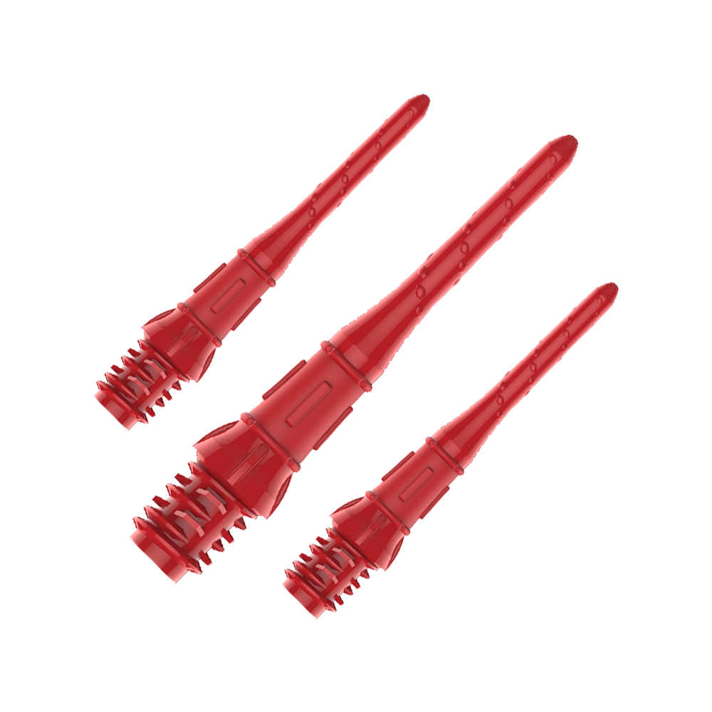 Premium Lippoints (30er Pack) - Spitzen Auf dem Bild sind drei rote Dartspitzen zu sehen. Sie sind schmal und haben ein Schraubgewinde am unteren Ende.