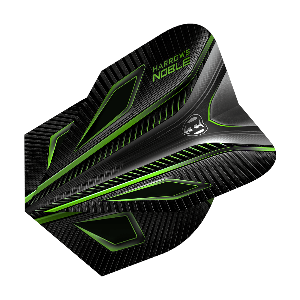 HR8_Harrows_Noble_Green_Standard_Flights_2 Das Bild zeigt ein Harrows Noble Green Standard Dart Flight. Das Flight ist überwiegend schwarz mit grünen und silbernen Akzenten und einem modernen, geometrischen Design.