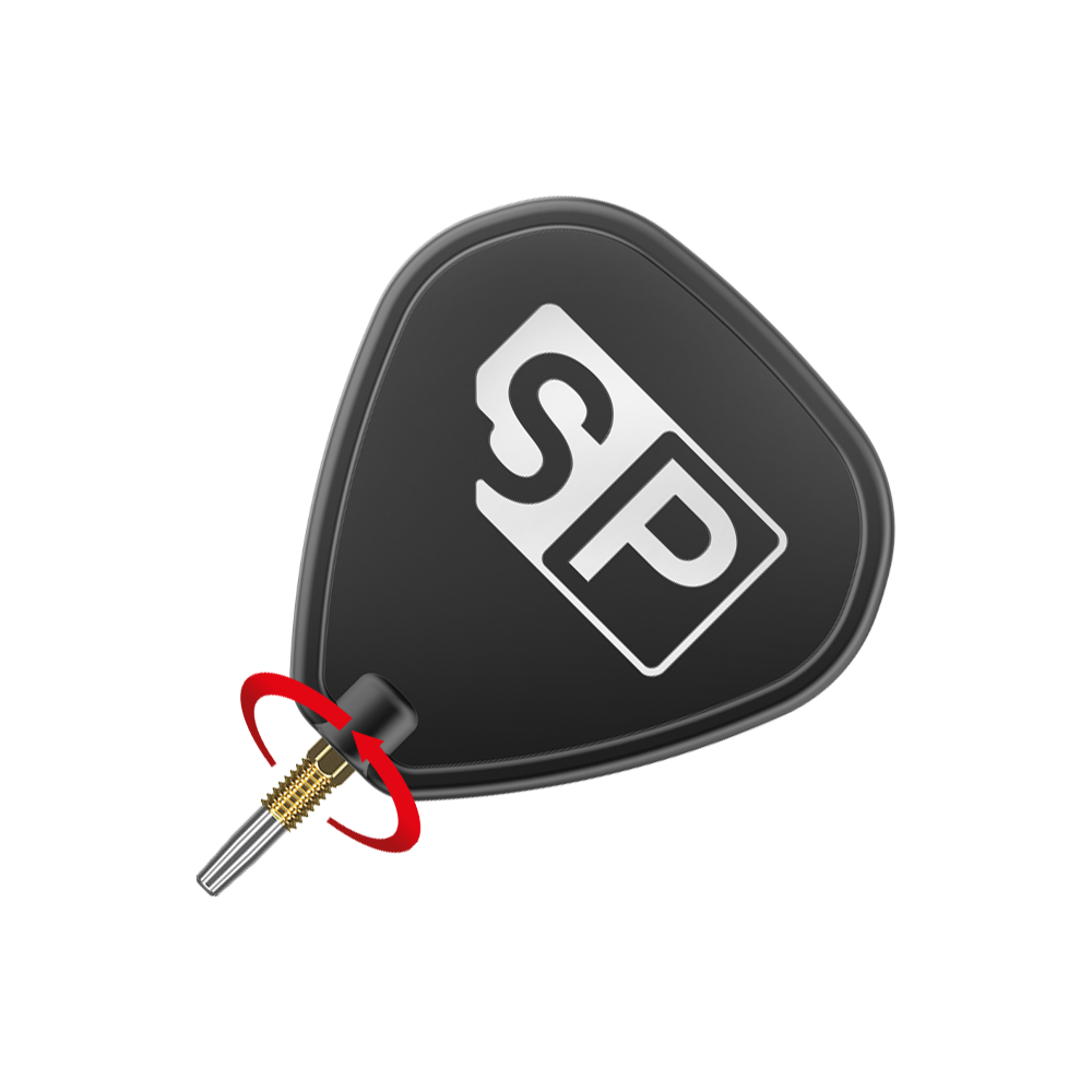 Puntas de dardos Target Swiss Diamond Pro Gold Das Bild zeigt eine schwarze Dartspitze mit goldfarbenem Gewinde und der Aufschrift „SP“. Ein roter Pfeil illustriert die Drehbewegung zum Befestigen oder Lösen der Spitze.