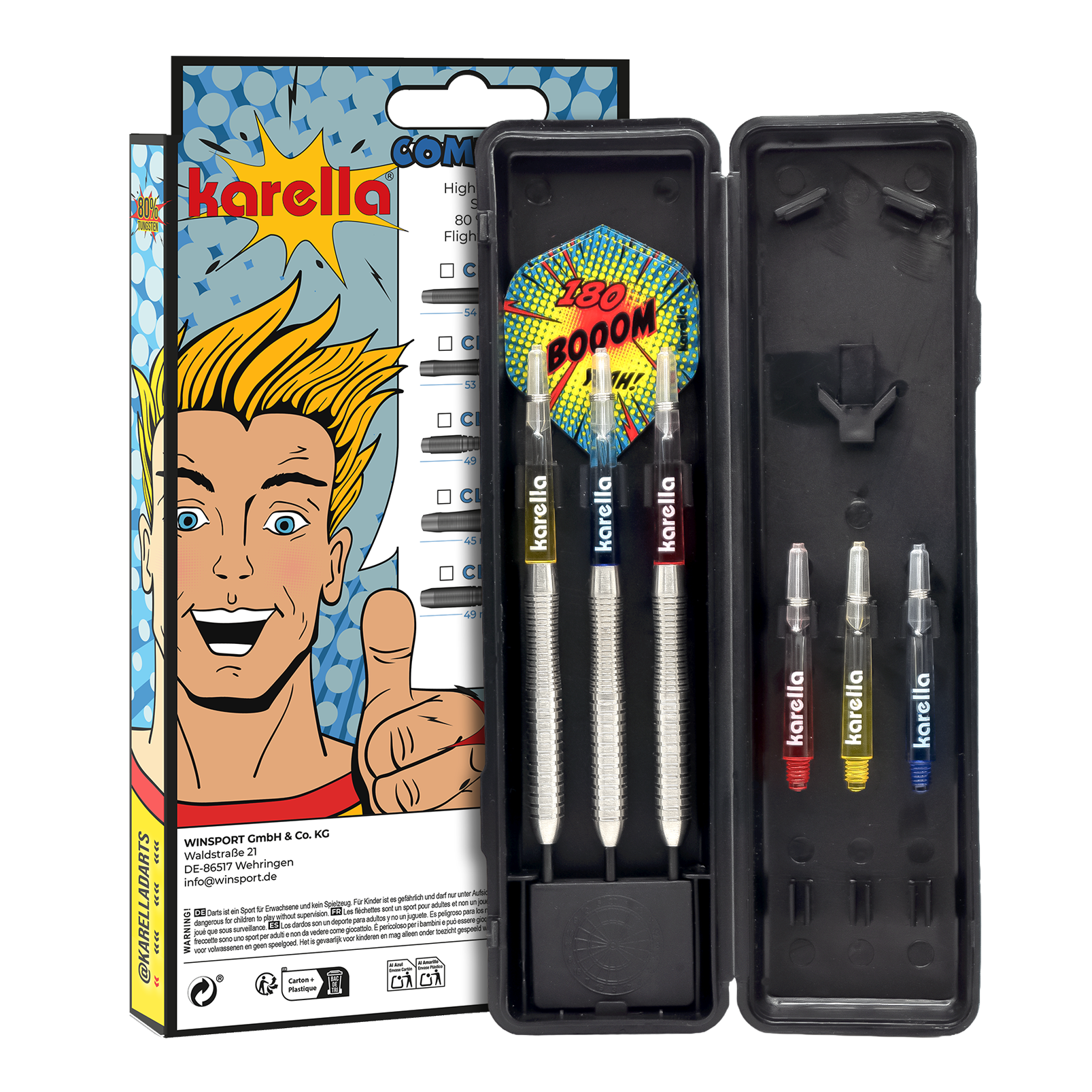 Dardos de acero Karella Comic Line CL-2 - 23 g Hier sind die Karella Comic Line CL-2 Steeldarts mit einem Gewicht von 23g abgebildet. Die Darts sind speziell für den Einsatz im Wettkampf gedacht.