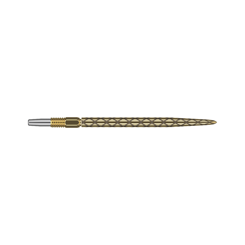 Target Swiss Diamond Pro Gold dart tips Dies ist eine goldfarbene Dartspitze mit einem rautenförmigen Muster. Die Spitze ist schlank und hat am hinteren Ende einen silbernen Anschluss.