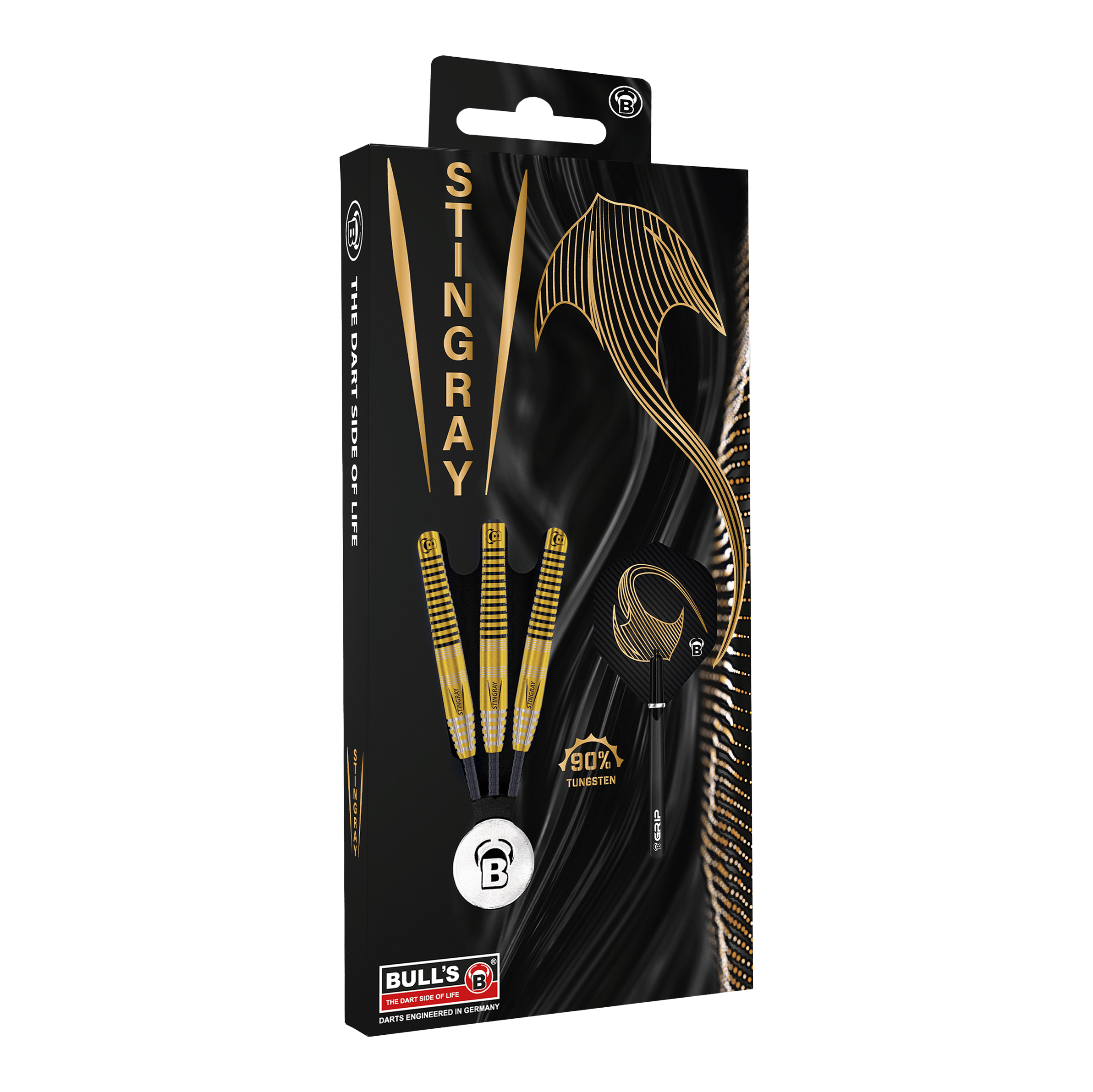 Dardos de acero Bulls Stingray ST3 Die Verpackung zeigt die Bulls Stingray ST3 Steeldarts mit einem stilvollen schwarzen und goldenen Design. Auf der Packung ist auch ein goldener Stachelrochen sowie der Hinweis "90% Tungsten" abgebildet.
