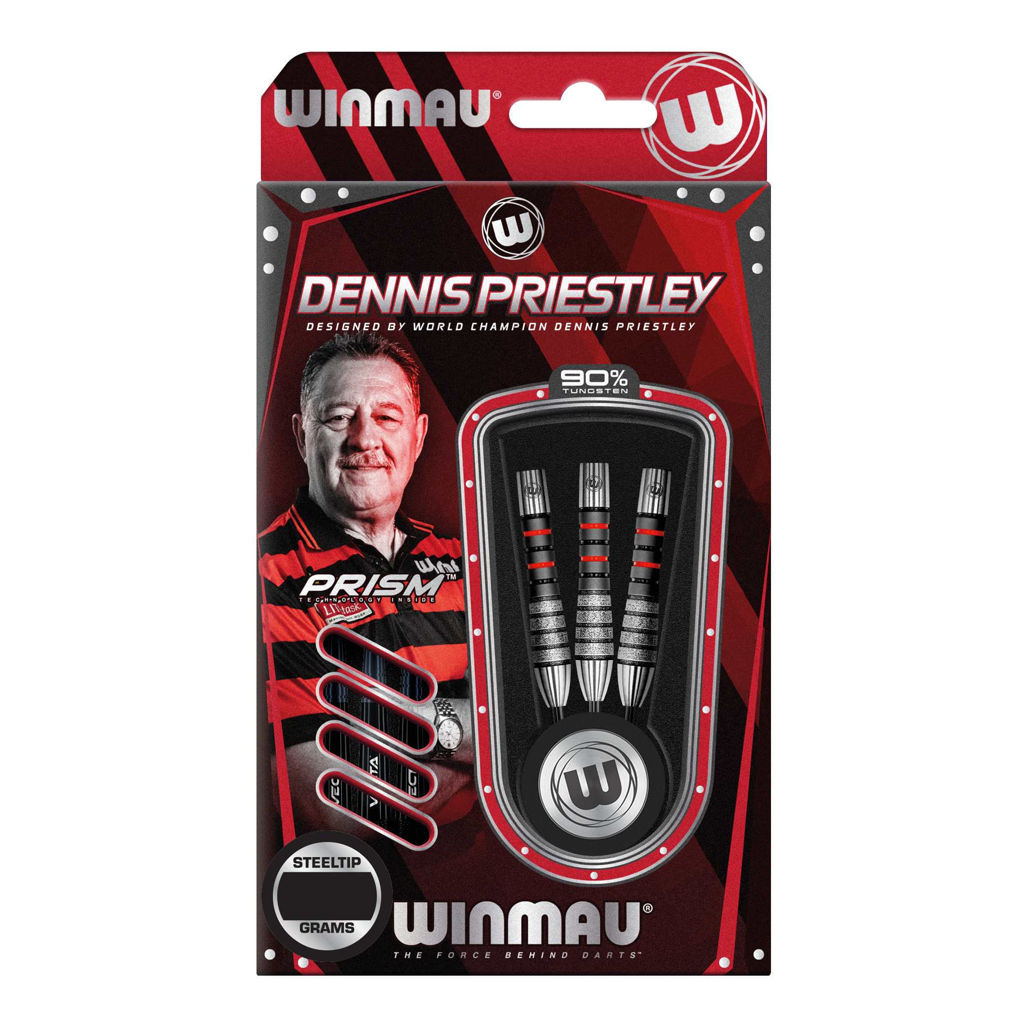 Ocelové šipky Winmau Dennis Priestley Diamond 3-Zero Das Bild zeigt die Verpackung der Winmau Dennis Priestley Diamond 3-Zero Steeldarts. In der Packung sind drei hochwertige Steeldarts aus 90% Tungsten zu sehen.
