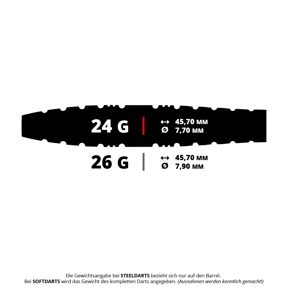 Dardos de acero Red Dragon Paradym Torpedo Das Bild zeigt die Spezifikationen von Steeldarts mit den Gewichten 24 g und 26 g. Die Länge beträgt jeweils 45,70 mm, der Durchmesser beträgt 7,70 mm für 24 g und 7,90 mm für 26 g.