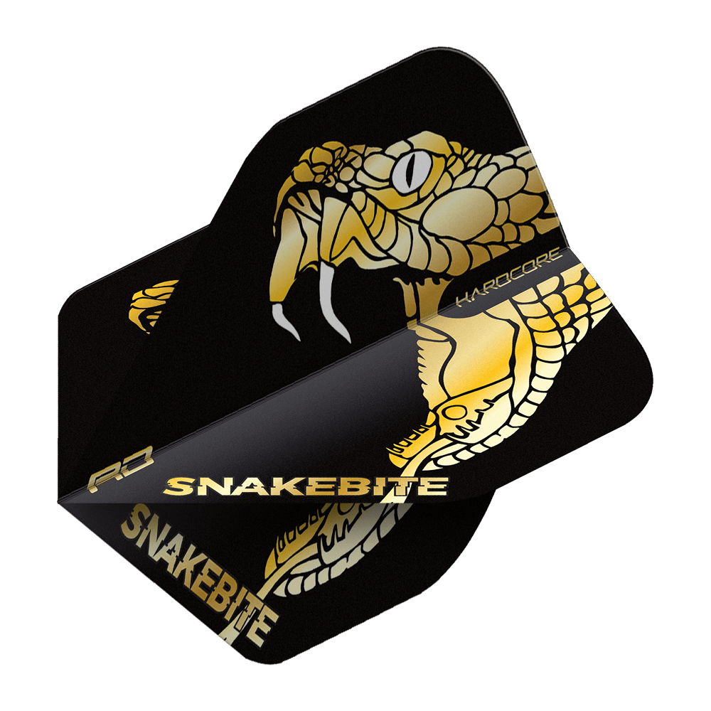 TF6837_Red_Dragon_Hardcore_Premium_Peter_Wright_Snakebite_Gold_Snake_Standard_Flights_215XbUEgqVHT3P Das Bild zeigt ein Dart-Flight mit einem goldenen Schlangenmotiv auf schwarzem Hintergrund. Auf dem Flight steht der Schriftzug "SNAKEBITE" in goldenen Buchstaben.