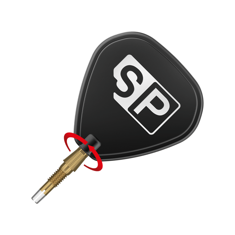 340086_Target_Swiss_Storm_Nano_Point_Dartspitzen_Gold_3_SP Das Bild zeigt eine goldene Dartspitze mit einem schwarzen Flight, auf dem die Buchstaben "SP" stehen. Ein roter Pfeil deutet auf eine Drehbewegung an der Verbindung zwischen Spitze und Flight hin.