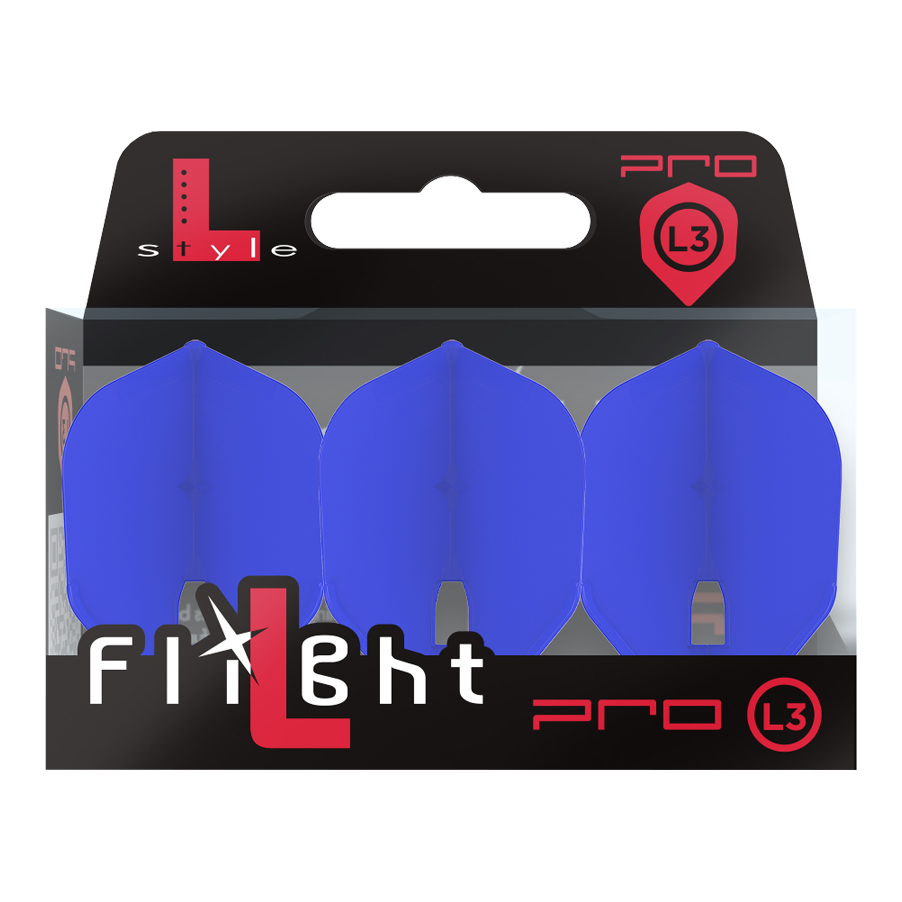 L-Style Champagne L3PRO Shape Flights Das Bild zeigt eine Verpackung mit drei blauen Dartflights der Marke L-Style. Auf der Packung steht "Flight L Pro L3" und die Flights sind in einer durchsichtigen Box sichtbar.