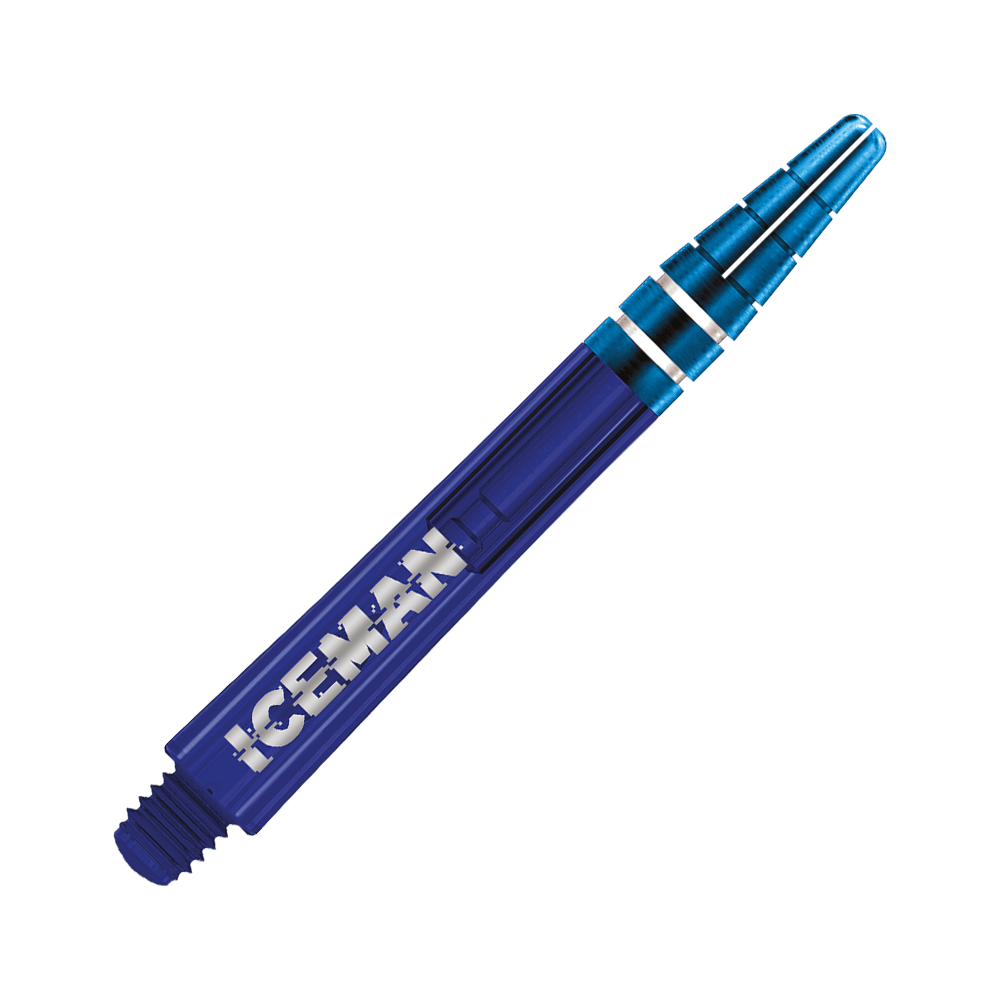 Dies ist ein blauer Dart-Schaft mit der Aufschrift "ICEMAN". Der Schaft hat zwei silberne Ringe am oberen Ende.
