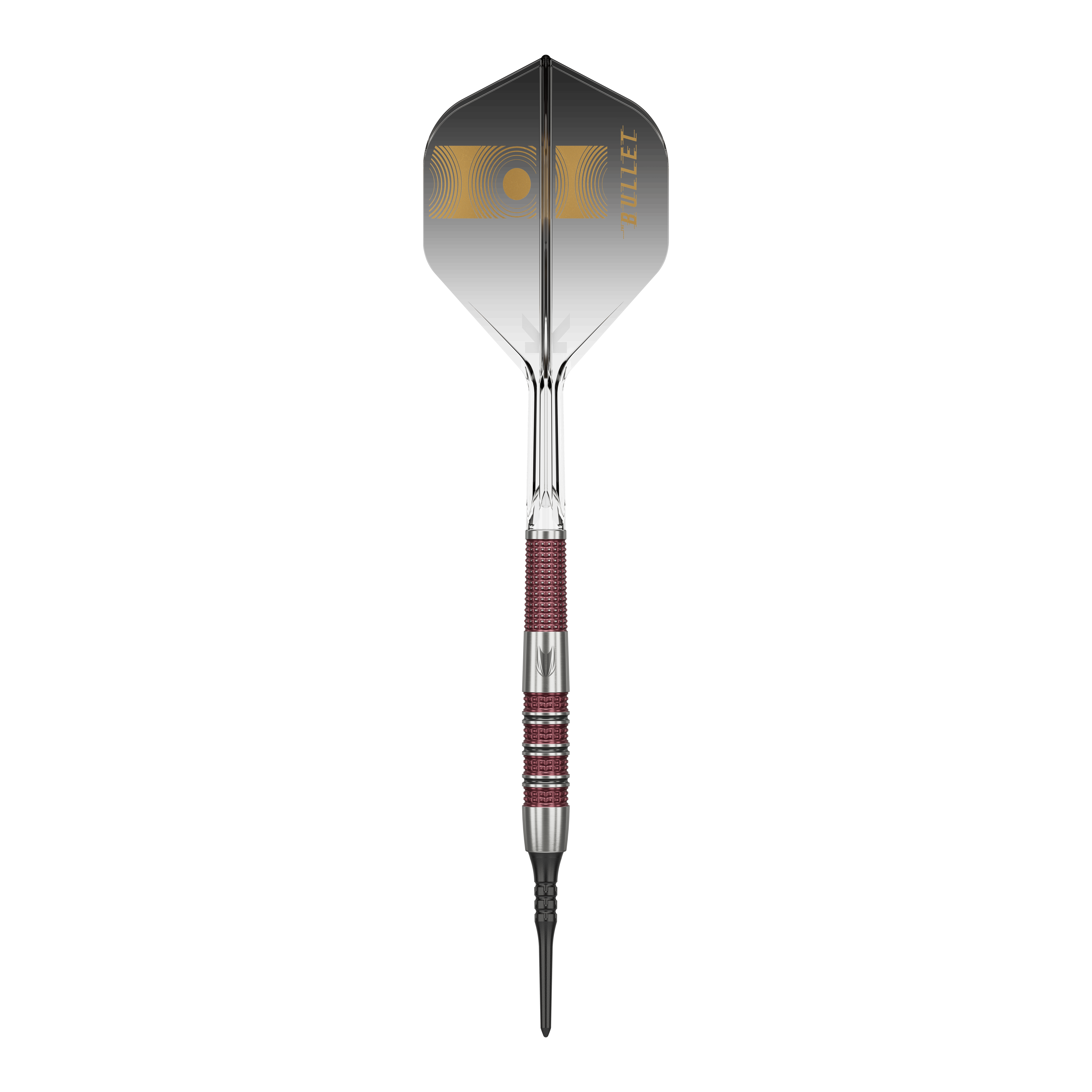 Dardos blandos Target Stephen Bunting 95K - 19 g Das Bild zeigt einen Target Stephen Bunting 95K Softdart mit einem Gewicht von 19 Gramm. Der Dart hat ein elegantes schwarzes und silbernes Design mit roten Griffbereichen und einer schwarzen Flight mit goldenen Akzenten.