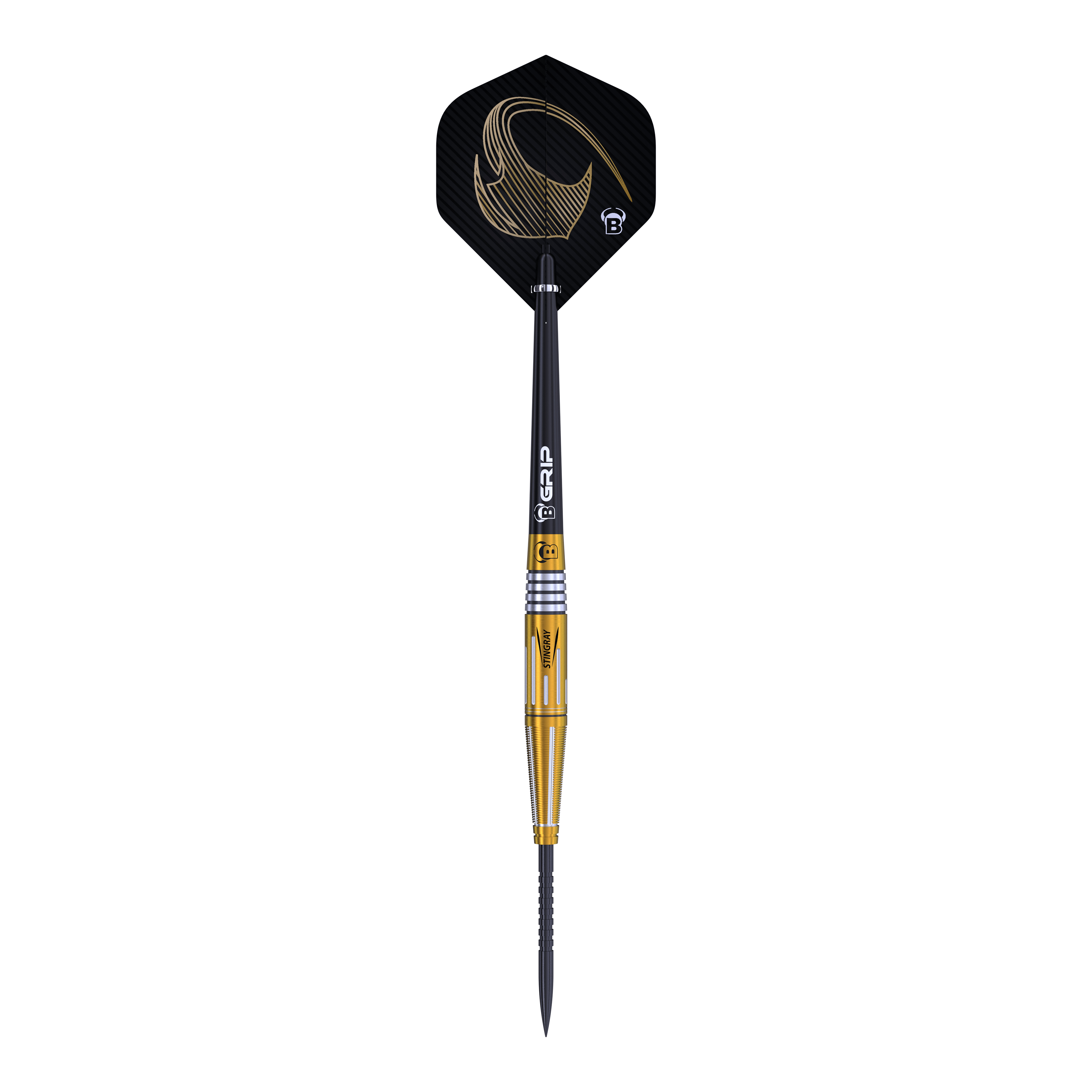 Bulls Stingray ST4 Steeldarts Das Bild zeigt den Bulls Stingray ST4 Steeldart mit einem eleganten Design in Schwarz und Gold. Der Dart hat eine schlanke Form und ist mit einem auffälligen Flight ausgestattet.
