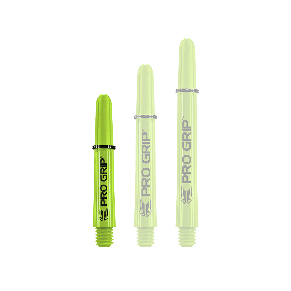 Target Pro Grip Shafts - 3 sady - Lime Green Das Bild zeigt drei limegrüne Pro Grip Shafts in unterschiedlicher Länge. Auf jedem Schaft steht gut sichtbar der Schriftzug "PRO GRIP".