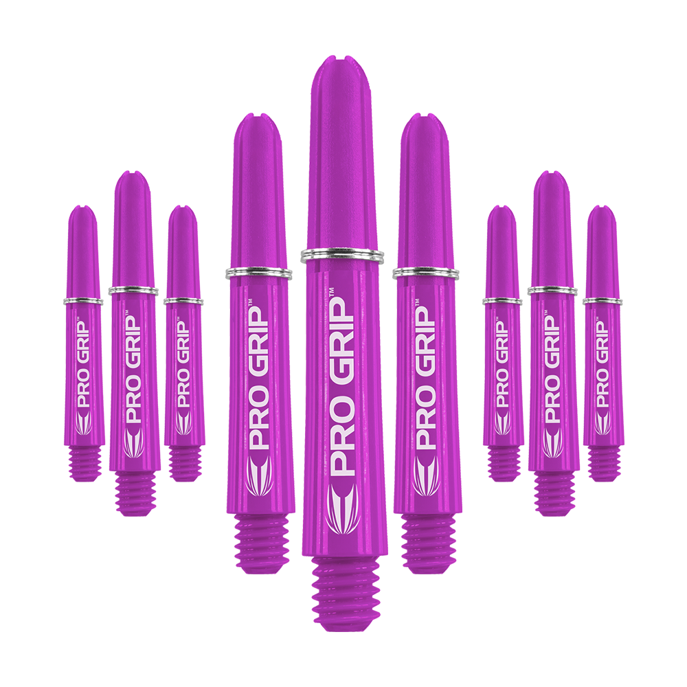 Tiges Target Pro Grip - 3 jeux - Violet Das Bild zeigt neun lilafarbene Dartschäfte mit der Aufschrift "PRO GRIP". Sie sind in einer Reihe angeordnet und haben kleine silberne Ringe.