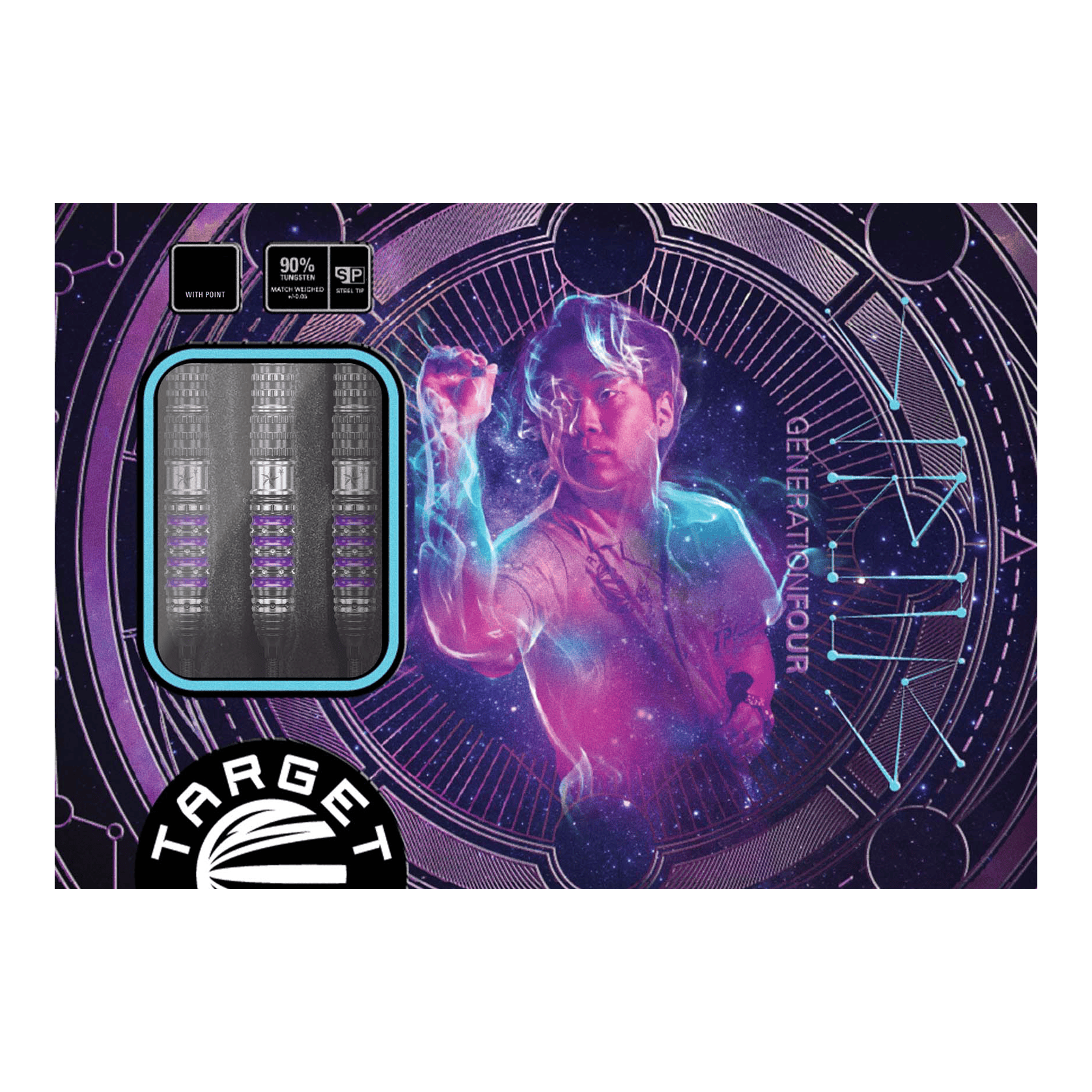 Target Japan Prime Series Sirius GEN4 Swiss Point Steeldarts Die Abbildung zeigt die Verpackung der "Target Japan Prime Series Sirius GEN4 Swiss Point Steeldarts". Auf dem Cover ist ein farbenfrohes, futuristisches Design mit einer Person und drei Darts zu sehen.