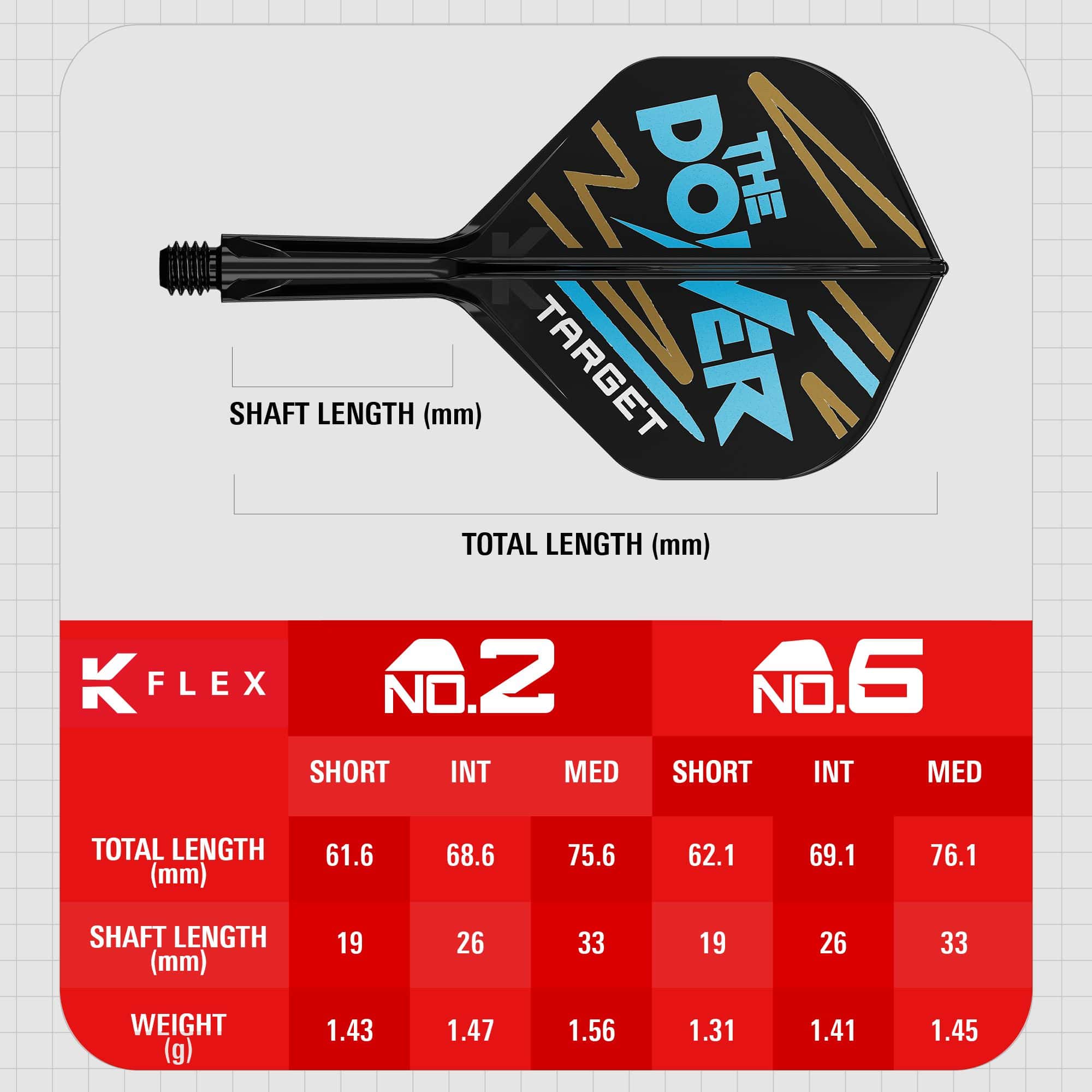 Systém standardní letové hřídele Target K-Flex Phil Taylor No2 Das Bild zeigt das Produkt „Target K-Flex Phil Taylor No2 Standard Flights“ mit einer grafischen Darstellung und Maßen. Unten sind Tabellen mit Längen- und Gewichtsangaben für verschiedene Größen des Produkts abgebildet.