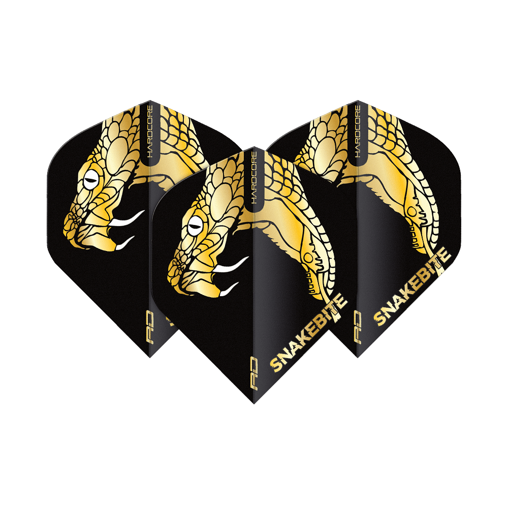 TF6837_Red_Dragon_Hardcore_Premium_Peter_Wright_Snakebite_Gold_Snake_Standard_Flights_1gNJjrSuf2frlq Das Bild zeigt drei schwarze Dart-Flights mit einem goldenen Schlangenkopf-Design. Auf den Flights steht das Wort "SNAKEBITE" in goldenen Buchstaben.