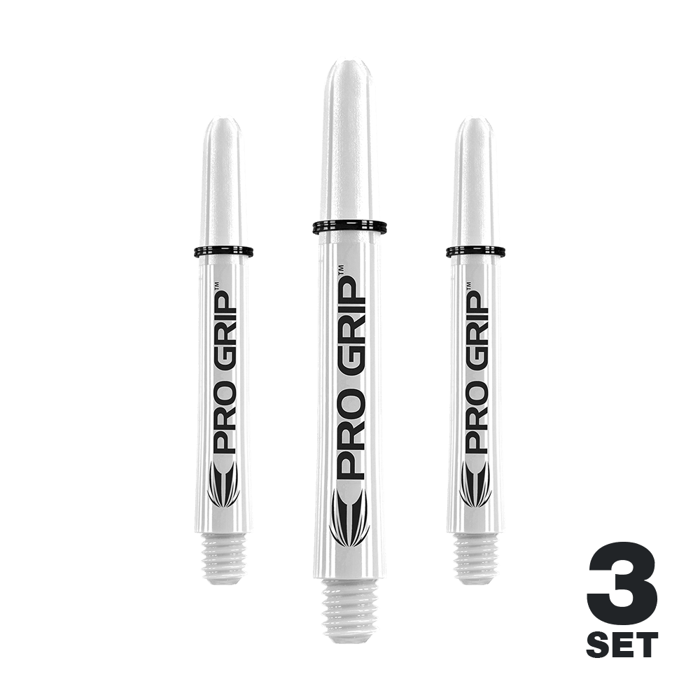 Target Pro Grip Shafts - 3 Sets - White Das Bild zeigt drei weiße "Pro Grip" Shafts für Dartpfeile. In der unteren rechten Ecke steht "3 SET".