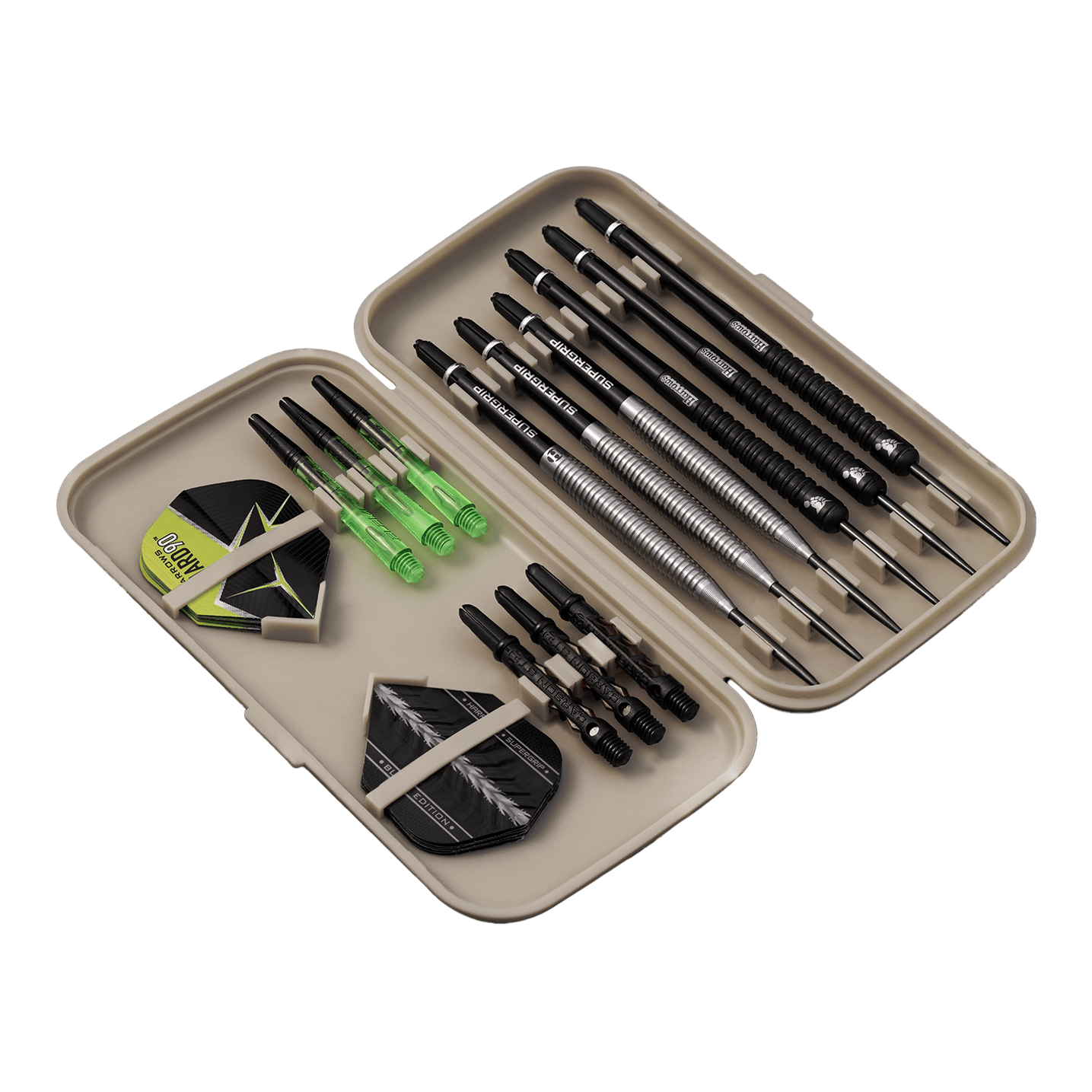 Etui na lotki Harrows Slimcase Die Abbildung zeigt ein geöffnetes Etui mit mehreren Darts, Ersatzflights und Shafts. Die Darts und Zubehörteile sind ordentlich in dem hellgrauen Slimcase sortiert.