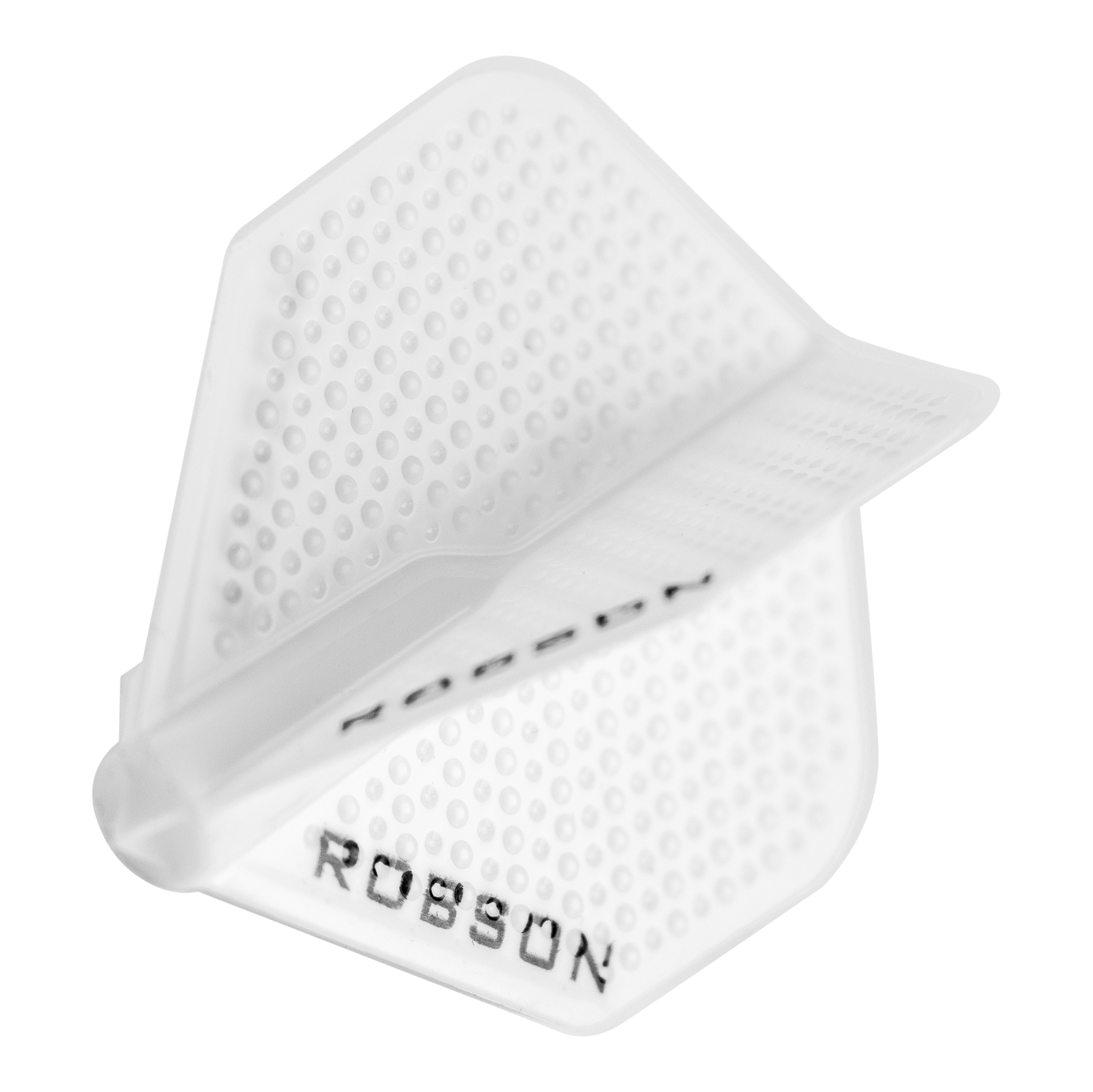 Robson Plus Dimple Flights - Weiß Das Bild zeigt ein weißes Robson Plus Dimple Flight für Darts. Die Oberfläche ist mit kleinen Noppen versehen und der Name "Robson" ist darauf zu sehen.