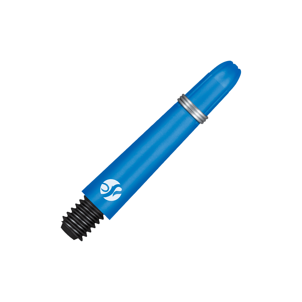 Aste Shot Koi Carbon - Blu Das Bild zeigt einen blauen Carbon-Schaft mit einem schwarzen Gewinde und einem silbernen Ring. Es handelt sich um einen Ersatzschaft für einen Dartpfeil.