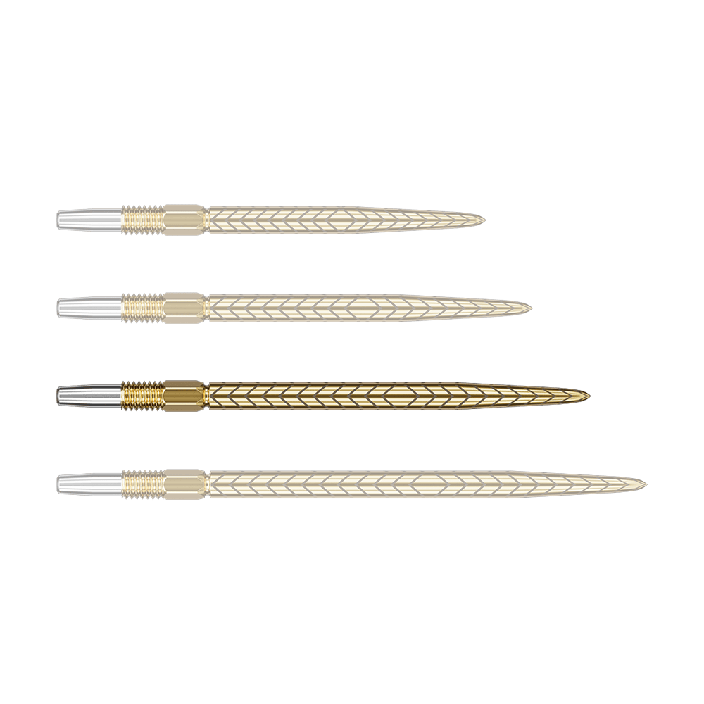 Target Swiss Point RVE Dartspitzen - Gold Auf dem Bild sind vier goldene Dartspitzen mit einem Muster zu sehen. Sie liegen parallel nebeneinander auf einem grünen Hintergrund.